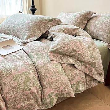 Jacquard Floral Duvet Cover King Retro Pink Green Flower Duvet Cover Yarn-Dyed Textured Cotton Jacquard Bedding Flower Comforter Cover with Edge Design Vintage Farmhouse Floral Bedding Set King
