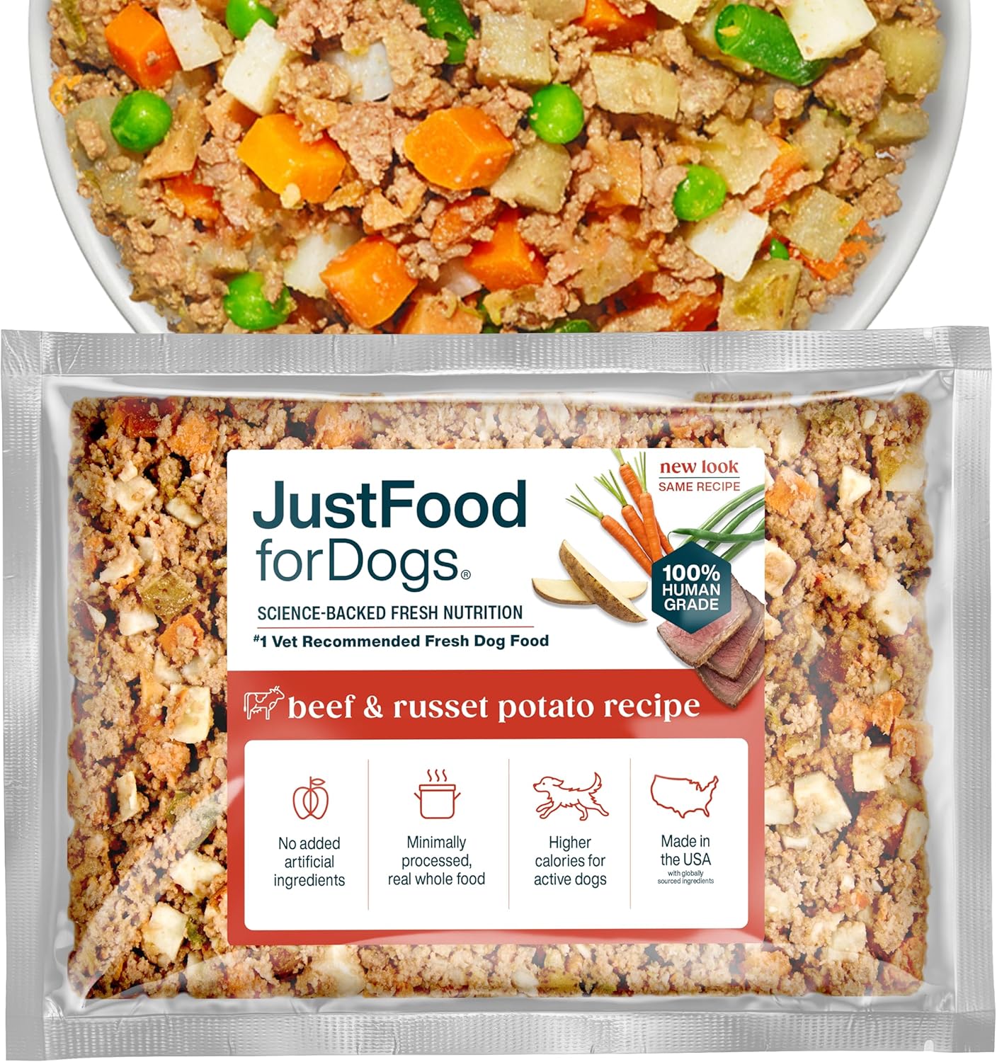 JustFoodForDogs Frozen Fresh Dog Food, Complete Meal or Topper, Beef & Russet Potato Human Grade Recipe, 18 oz (Pack of 7)
