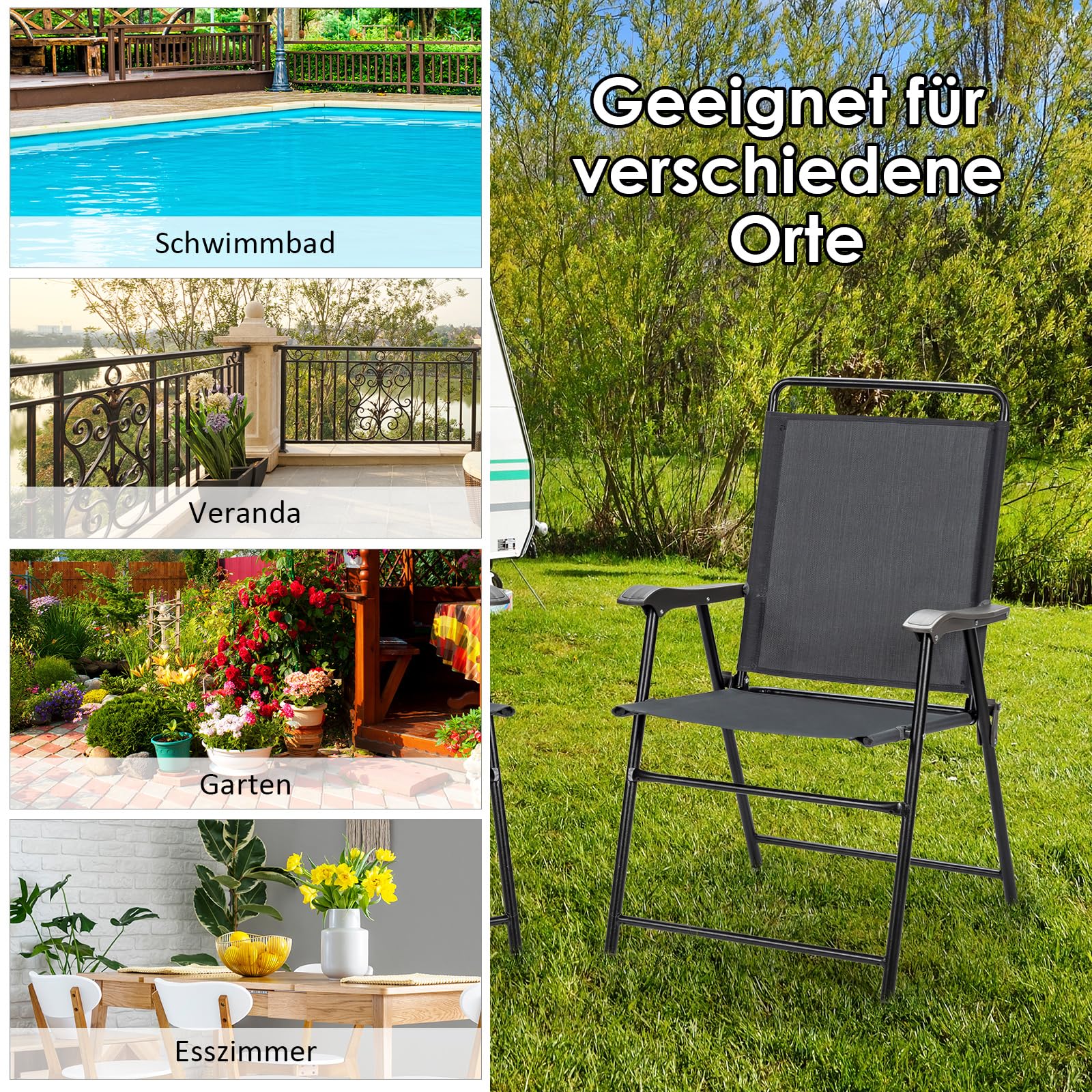 COSTWAY 4er Set Gartenstühle, Klappstühle mit Armlehnen, klappbare Balkonstühle mit atmungsaktivem Stoff, Terrassenstühle für Balkon, Garten, Hinterhof