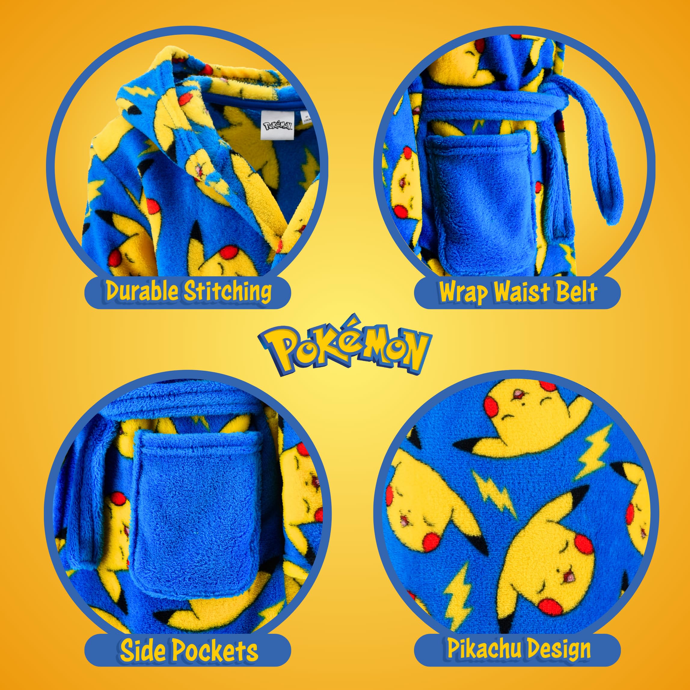 Pokemon Robe De Chambre pour Garçon, Robe Doux Motif Pikachu Peignoir en Polaire Velours, Tailles 4 à 12 Ans