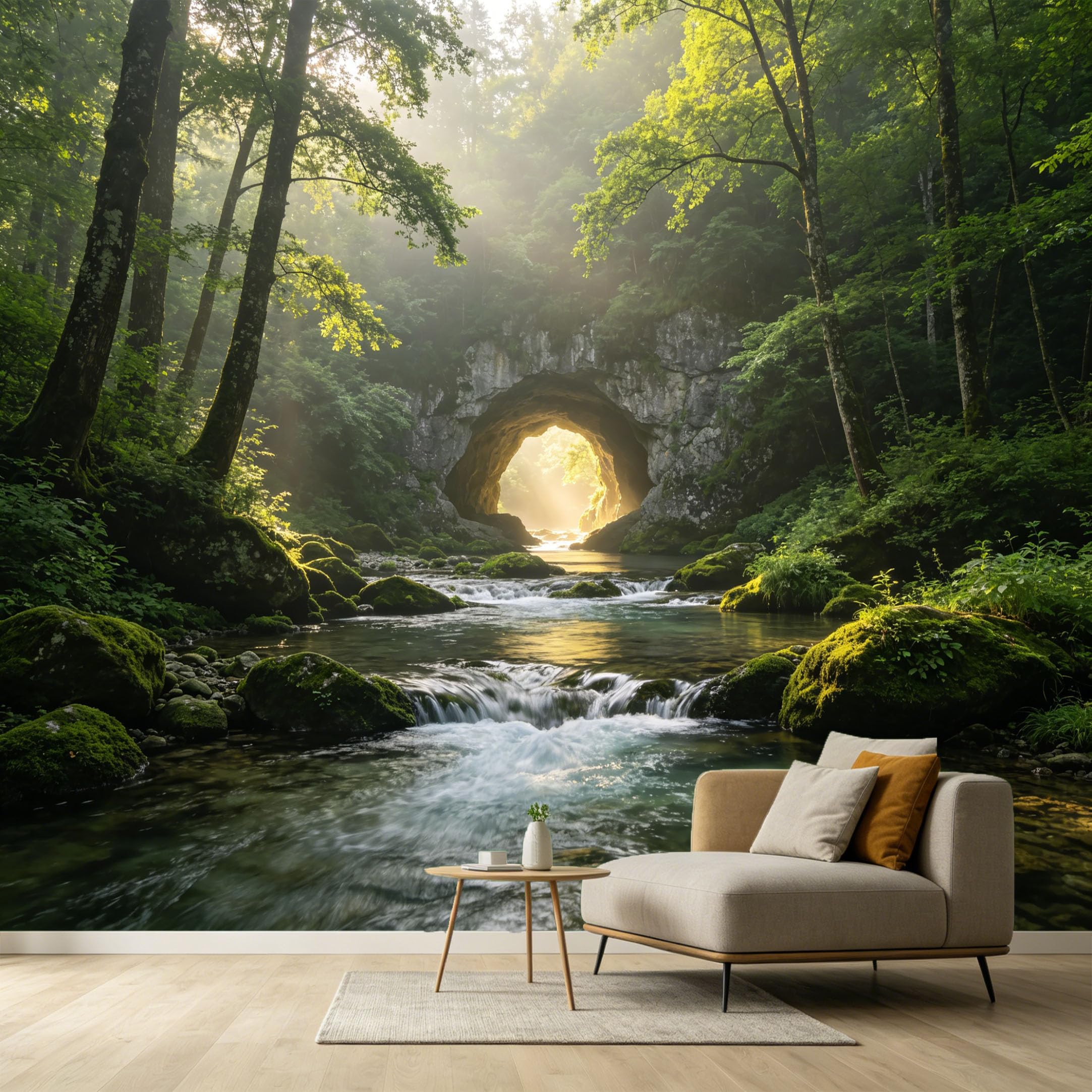 Custom Size Wall Murals Forest Mountain Lake Landscape Natural Stone Arch Sunlight River SelfAdhesive Wall Fabric Removable Large Wallpaper for Photo Living Room