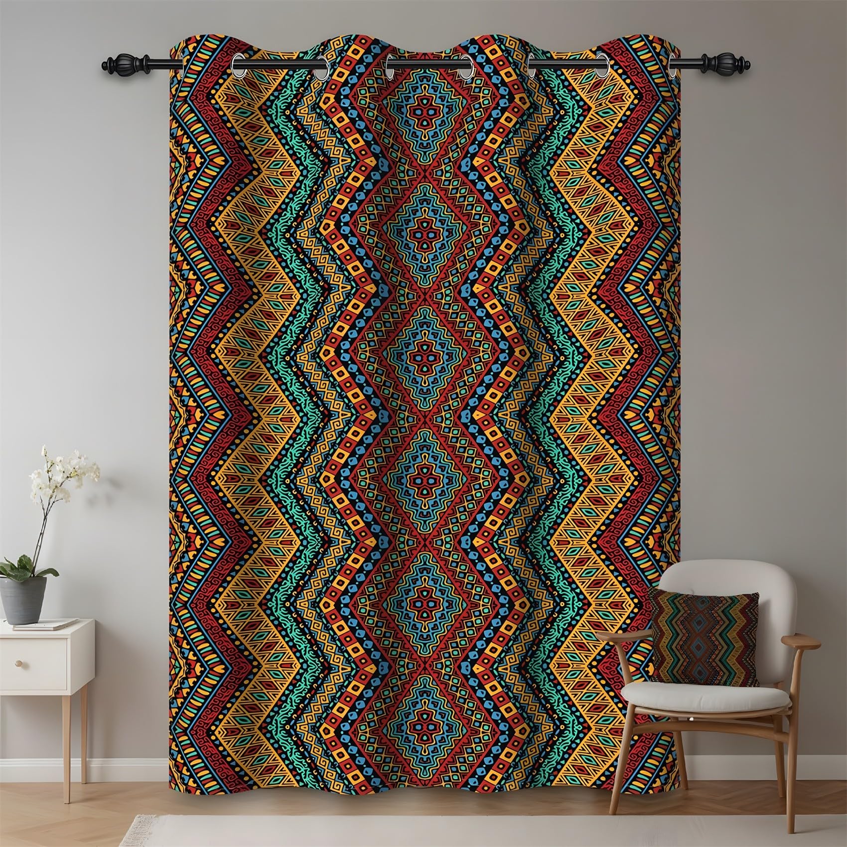 KaiHeBeding Geometric Elements Blackout Curtains for Bedroom - Bohemian Style Living Room Curtains 90x90 Eyelet - Soft Thermal Insulated Patterned Drapes for Windows - 2 Panels