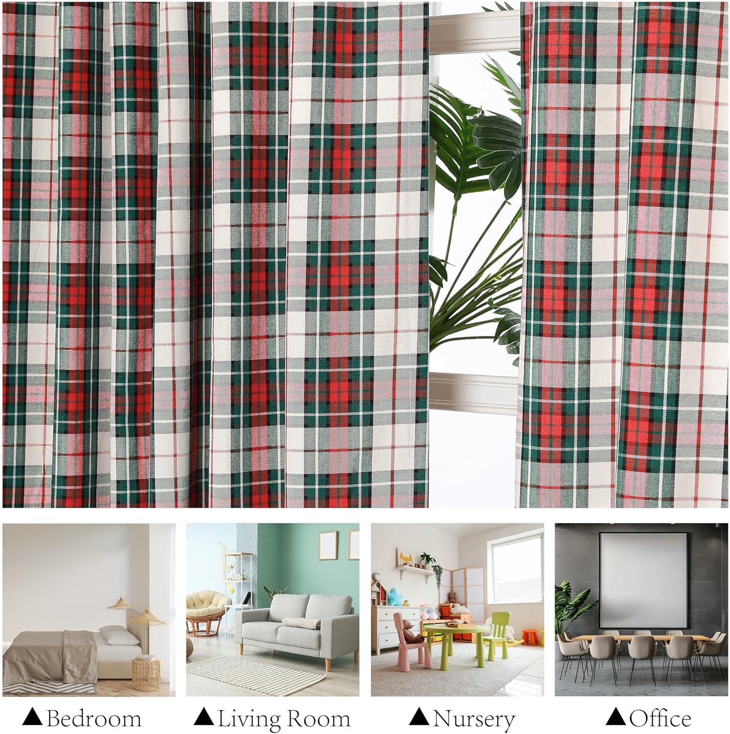 Plaid Curtains for Living Room Green White Check Farmhouse Winter Holiday Decor Light Filtering Back Tab Rod Pocket Window Treatment Curtain Drapery, 2 Panels, 52 x 63 Inch