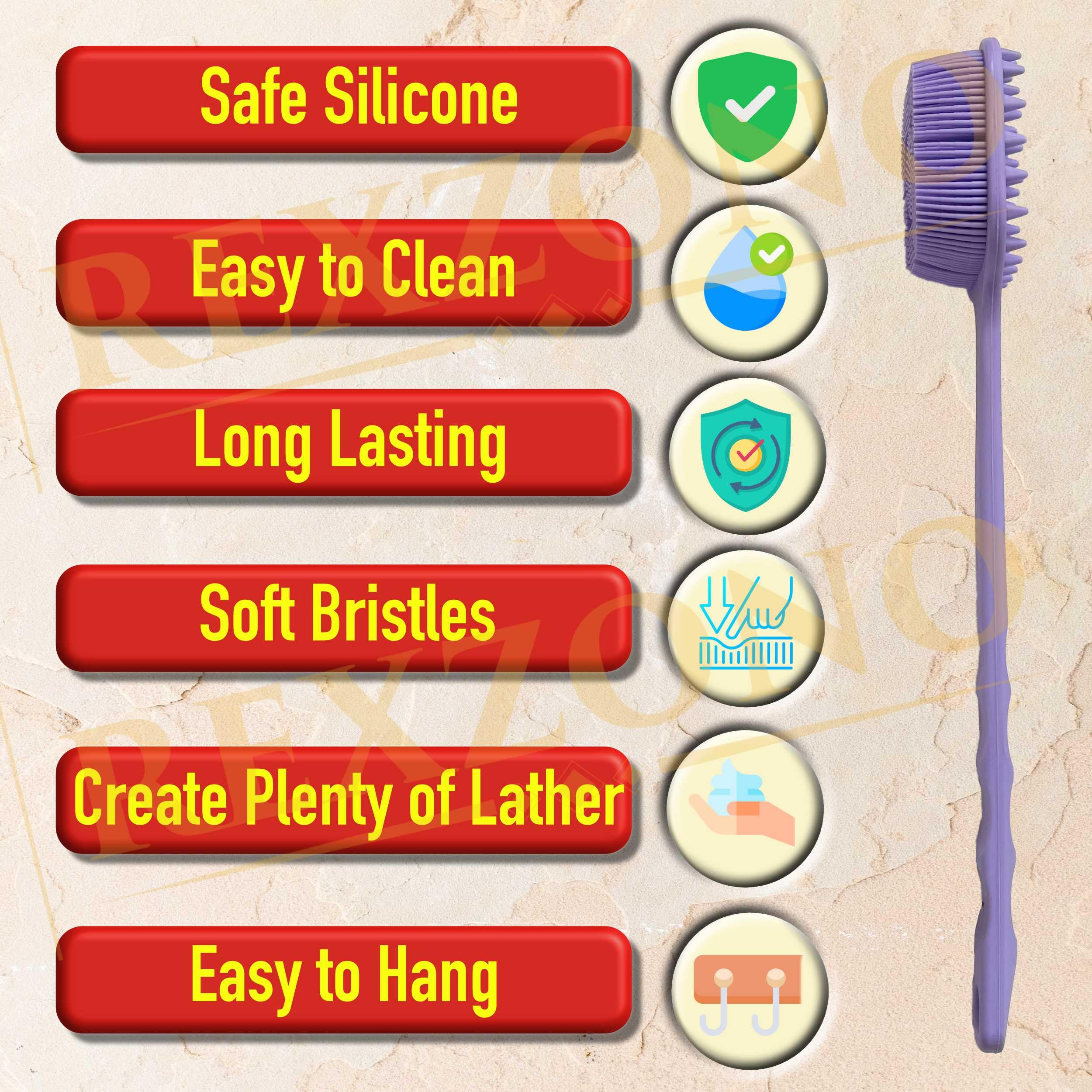Rexzono® Double Sided Silicone Back Scrubber, Long Handle Exfoliating Body Bath Brush - Image 4