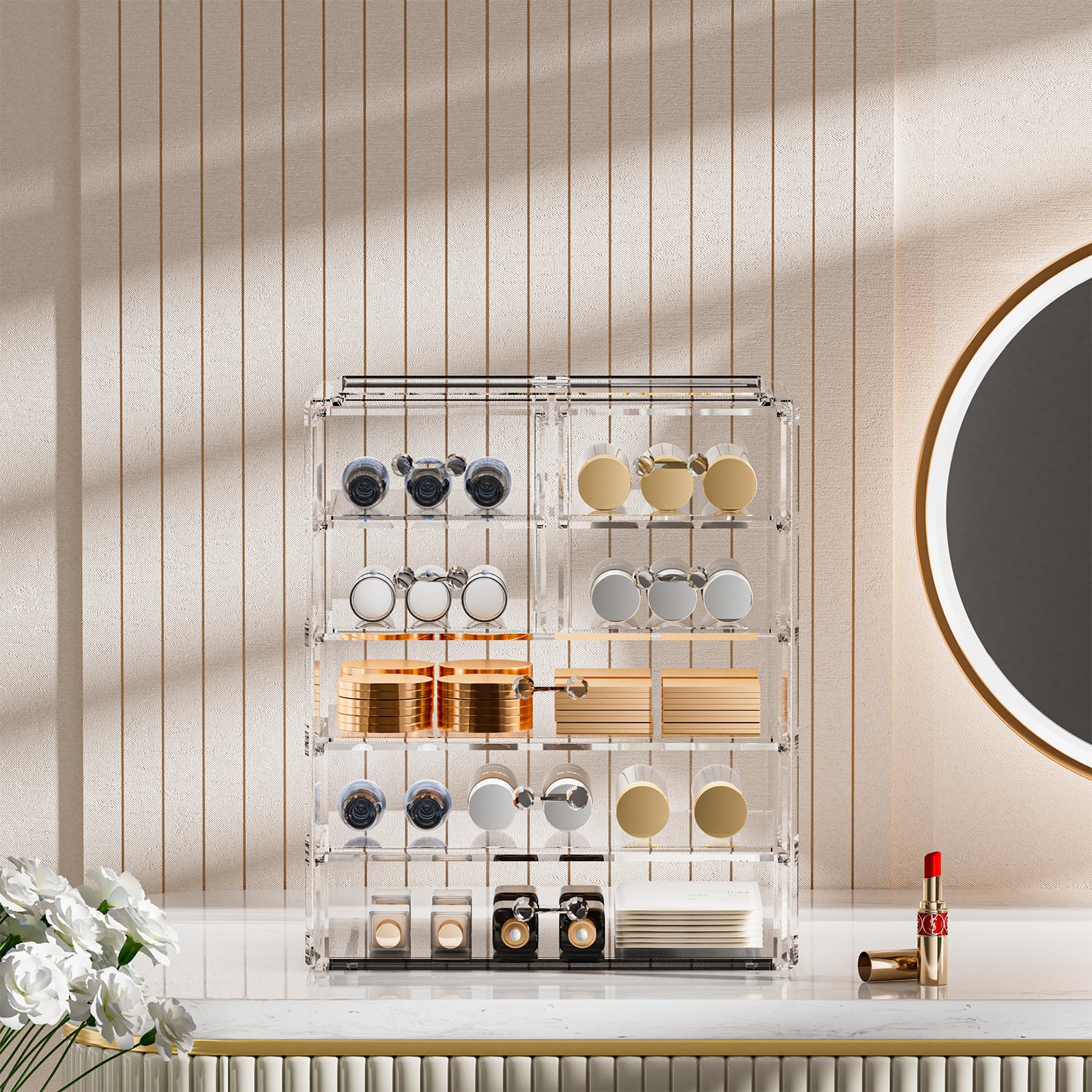 Organizador de maquillaje grande de acrílico transparente, organizador de joyas, organizador de maquillaje perfecto y almacenamiento para tocador, baño (3 cajones grandes, 4 pequeños,