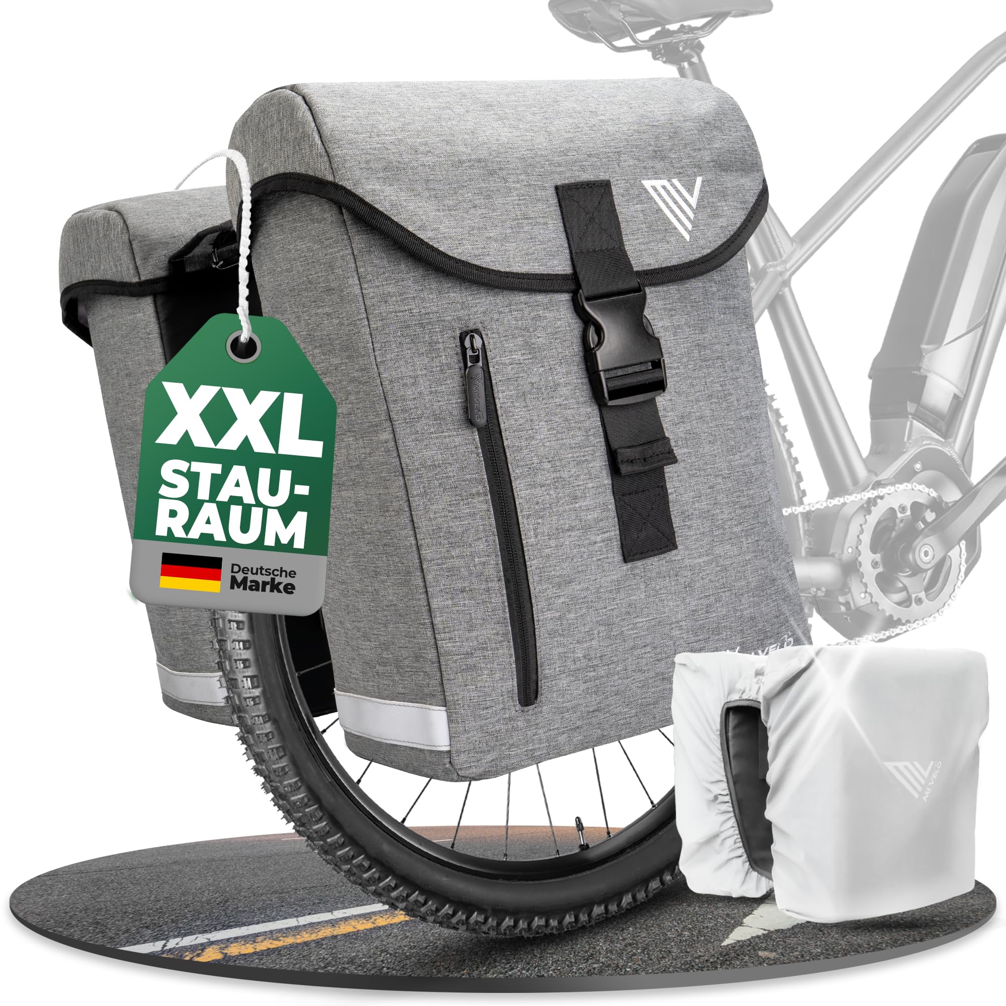MIVELO Doppeltasche aus recyceltem Material I Fahrradtasche für Gepäckträger 36L I Gepäckträgertasche doppelt kompatibel mit MIK & Racktime Adapter I Tasche Fahrrad doppelt (Grau)