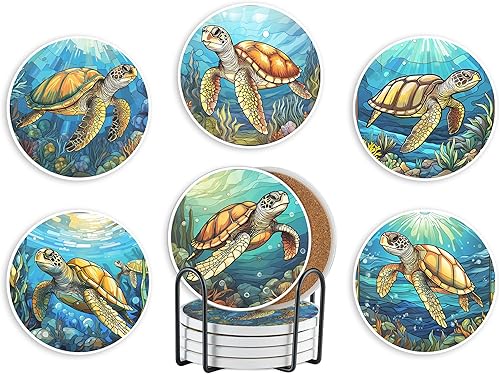 Onebttl Juego de 6 posavasos de regalo de tortugas marinas, cerámica, con caja de regalo, absorbente con base de corcho, regalos para amantes de las