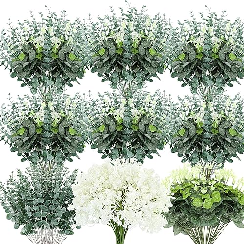200 flores artificiales mixtas de 3 tipos, incluye 100 flores de aliento de bebé, 50 tallos de hojas de eucalipto sintético, 50 piezas de eucalipto