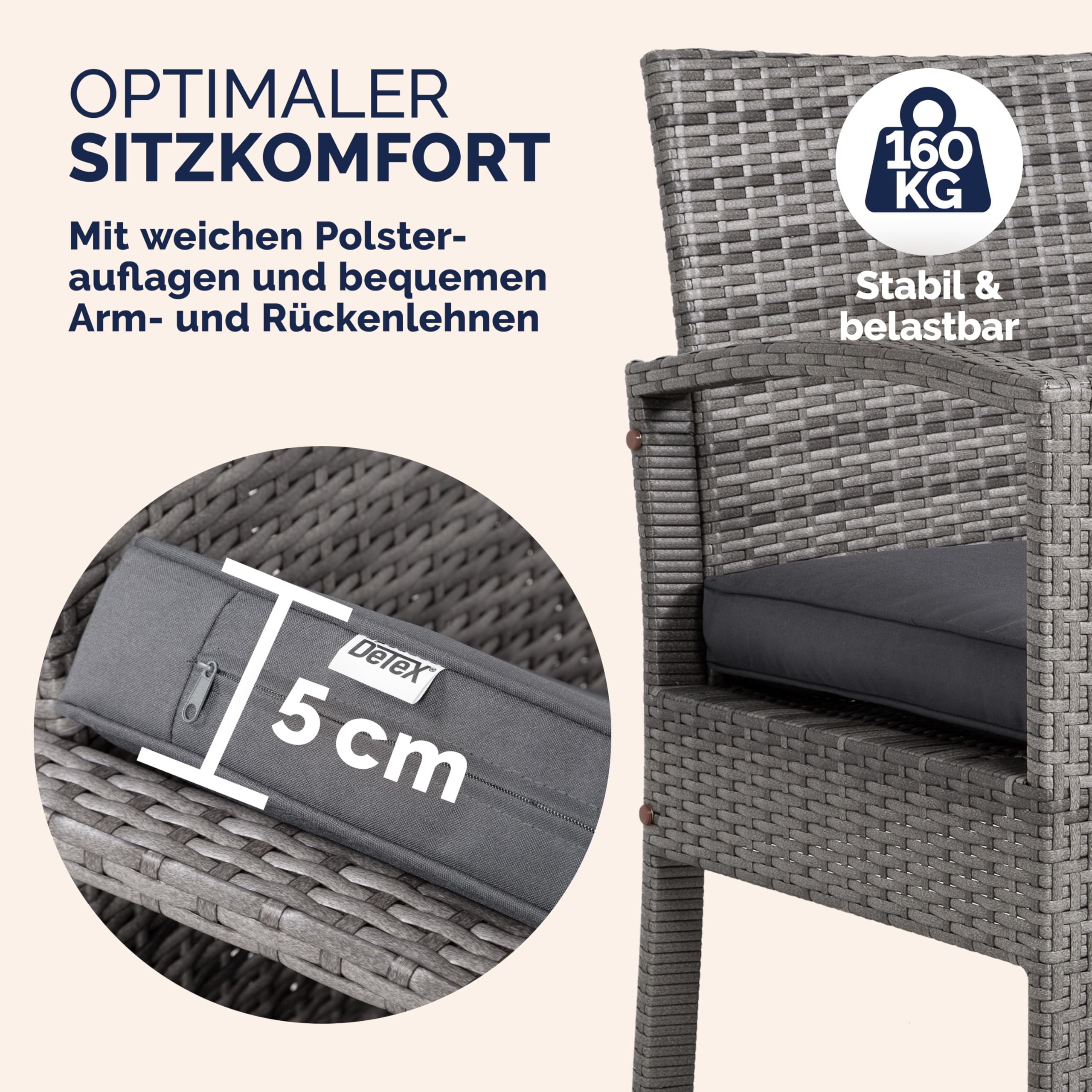 CASARIA Conjunto Muebles Jardín 4 Piezas Poliratán Mesa Cristal Gris | 2 Sillones, Banco, Cojines 5cm, Acero Galvanizado, Repelente Agua, Patas Regulables, 4 Personas, Terraza, Balcón, Ventosas
