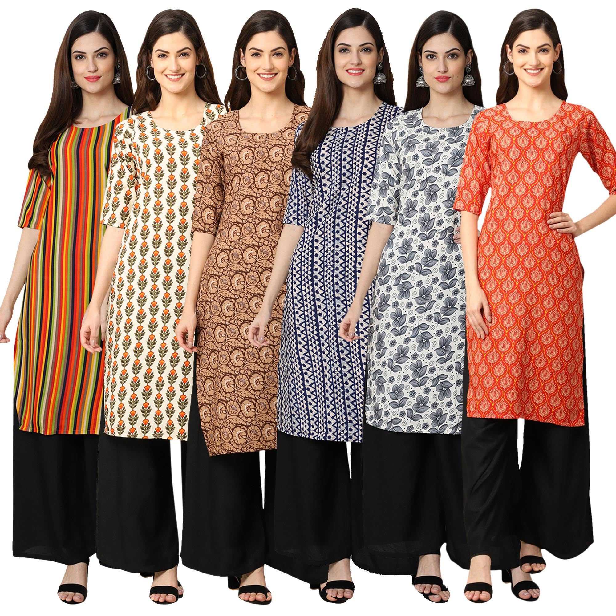 7Threads Women Pack of 6 Crepe Printed Kurtis