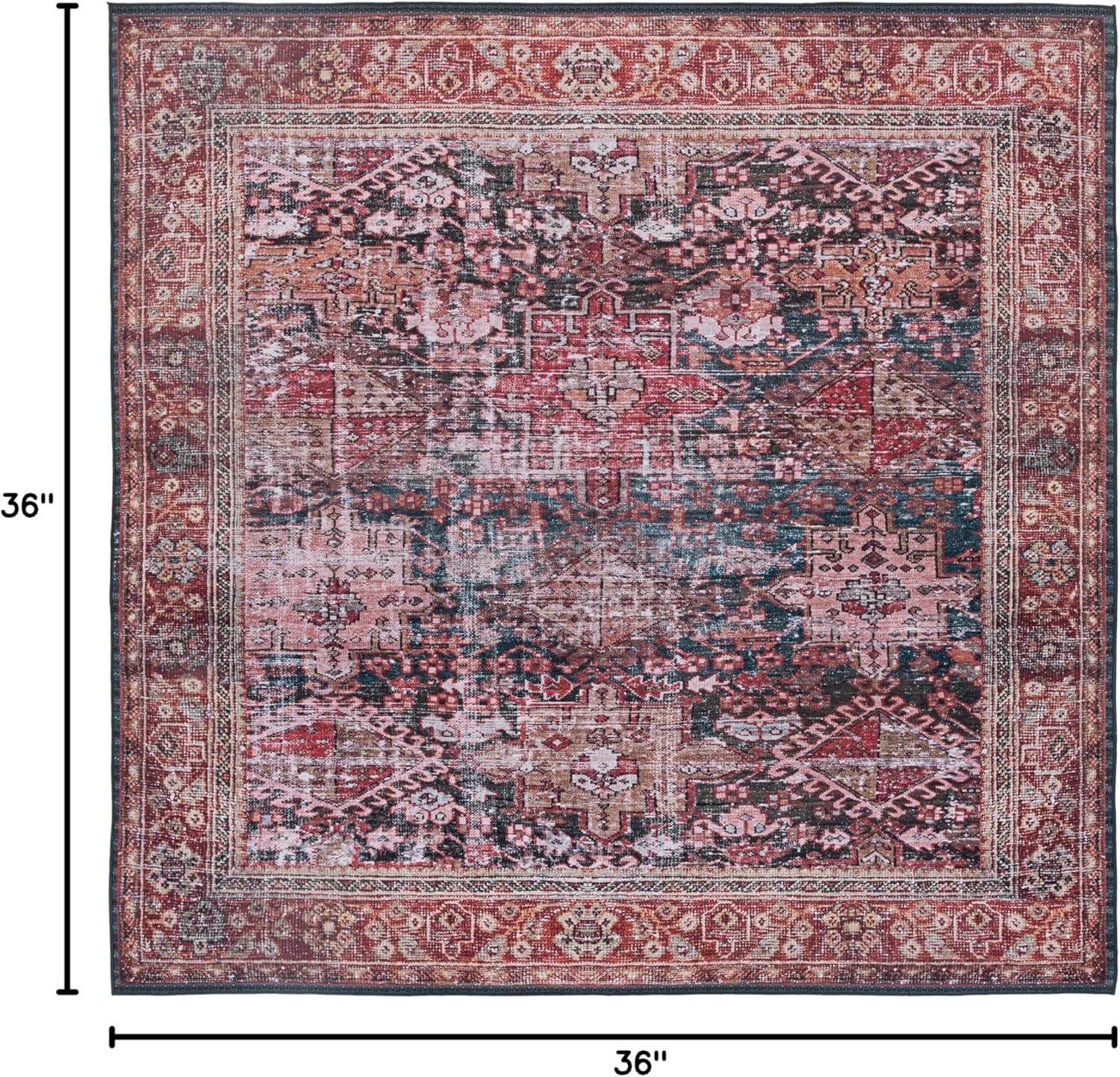 SAFAVIEH Washable Rug Tucson Collection - 3' Square, Rust & Green, Slip Resistant & Easy to Clean, Ideal for Foyer, Entryway, Kitchen, Bedroom (TSN114P)