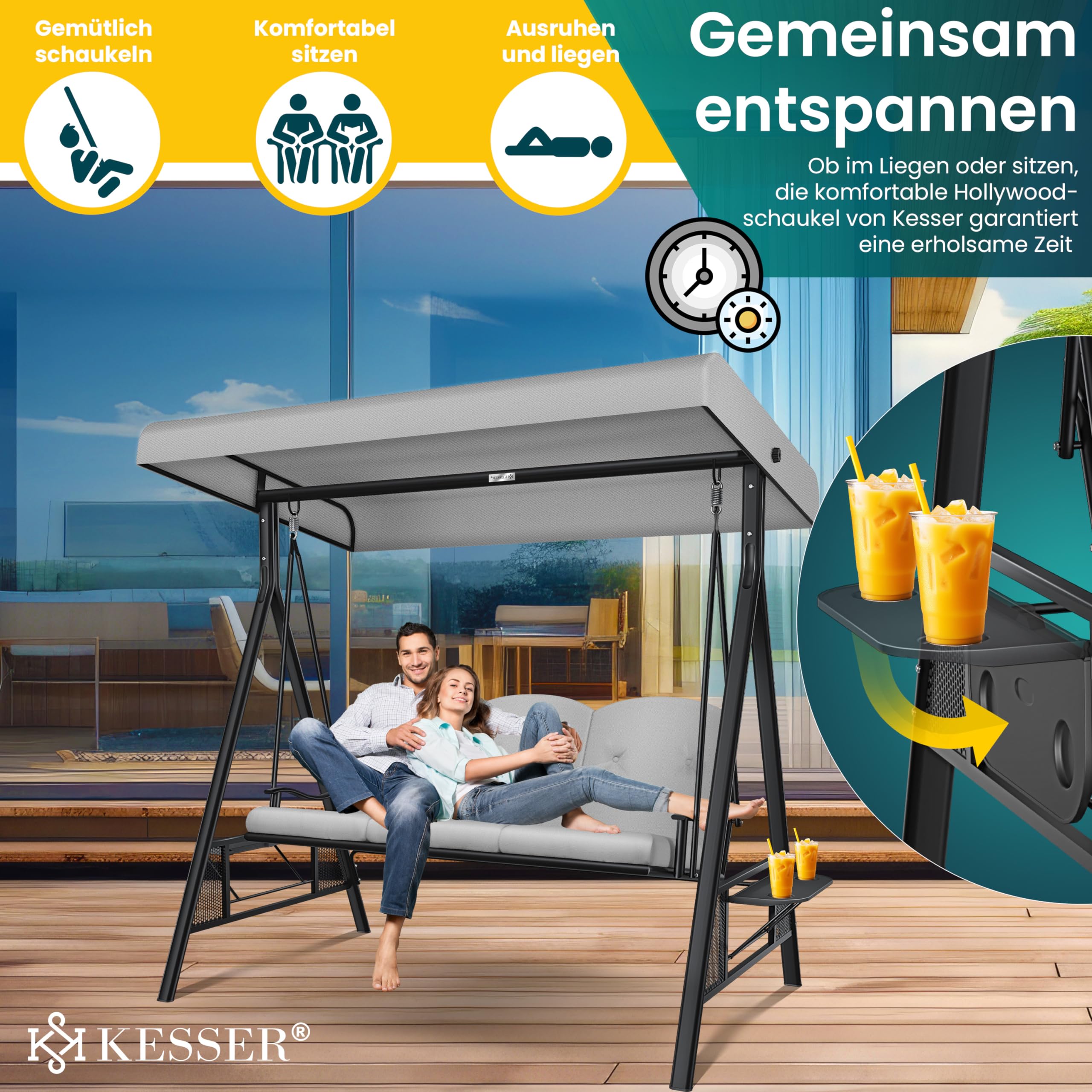KESSER® Huśtawka ogrodowa z dachem przeciwsłonecznym 3-osobowa i nakładka na siedzisko | huśtawka ogrodowa o obciążeniu do 360 kg | leżak ogrodowy z antypoślizgowymi nóżkami | ławka huśtawka odporna