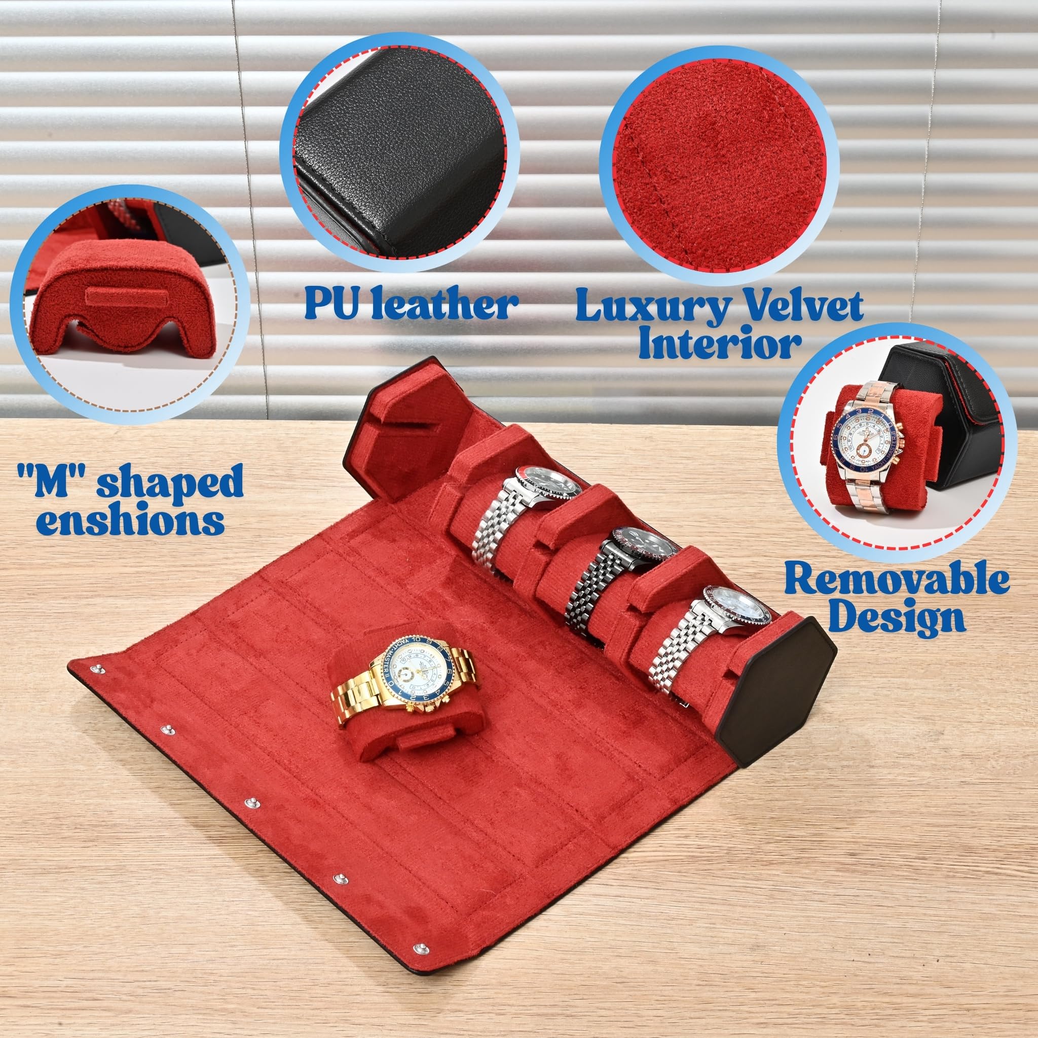 Rollo de reloj de cuero para 4 relojes, funda de viaje forrada de terciopelo, organizador de rollos de reloj de lujo con almacenamiento y exhibición para hombres (4 ranuras, negro/rojo)