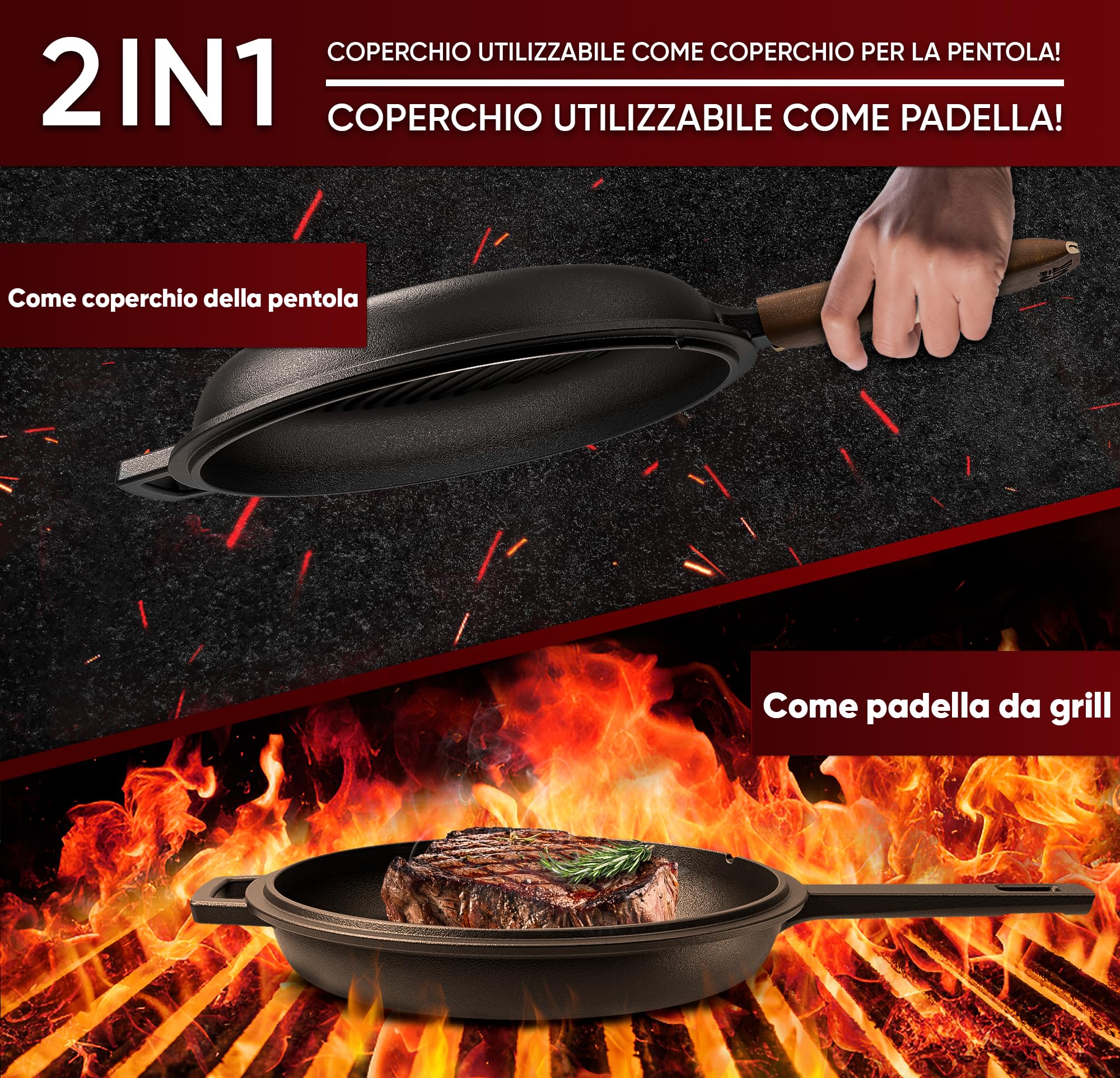 GUSSKÖNIG Dutch Oven - 2 in 1 Pentola in ghisa pre-stagionata 3L & Padella in ghisa 1,5L - Set Dutch Oven con funzione doppia Casseruola in Ghisa - Inclusi libro di ricette e accessori per BBQ