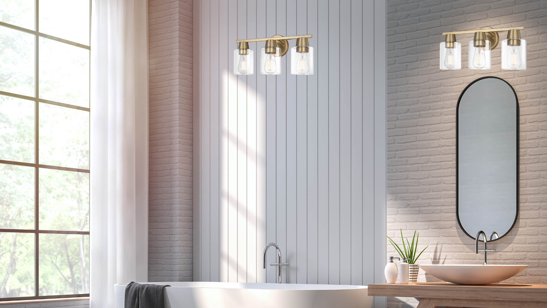 Image of Modern Wall Sconces Lighting with Brass Finished Clear Glass Shade, Matte Gold 3 Vanity Light Over Mirror, Industrial Bathroom Light Fixtures for Living Room Hallway Kitchen Porch E26 Base