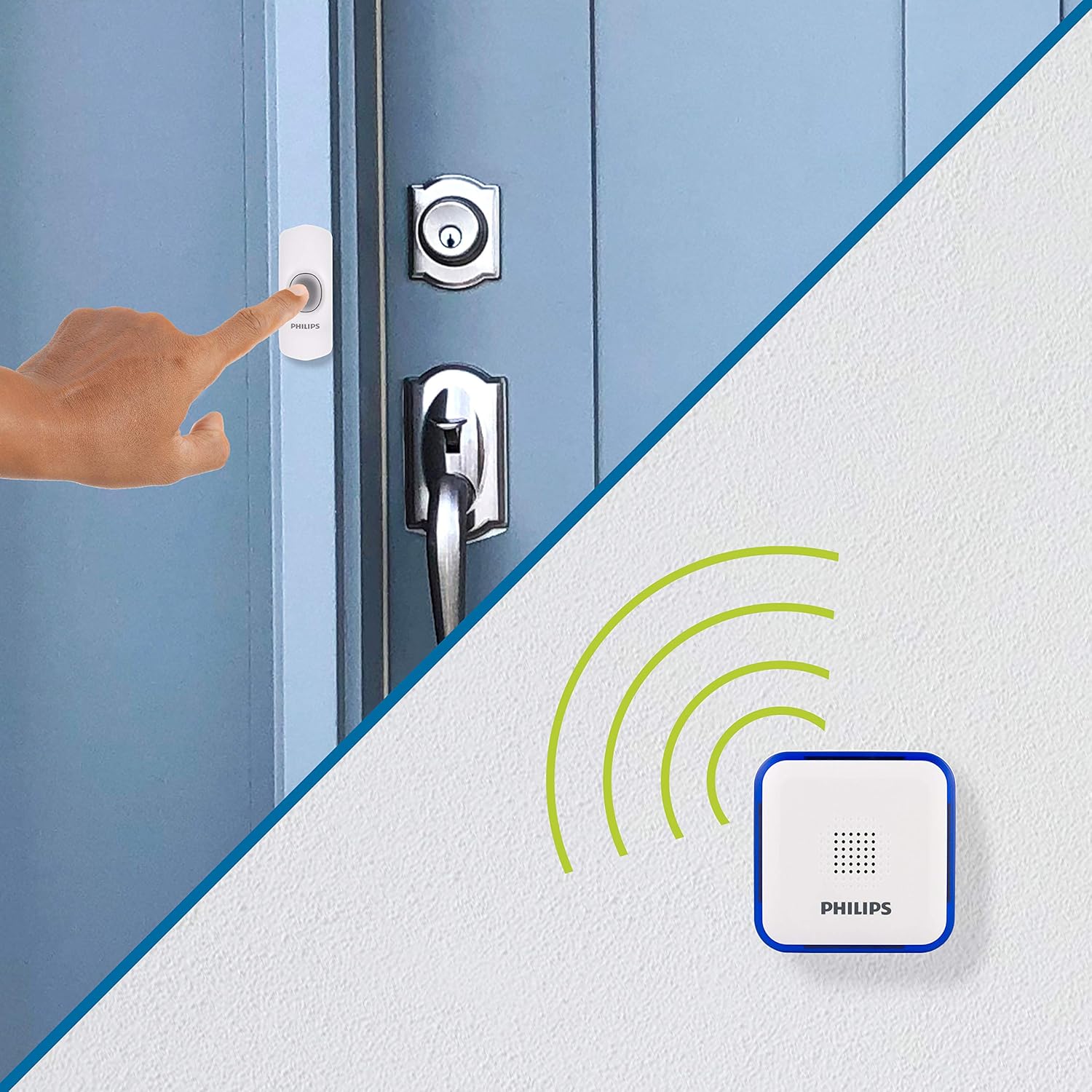 Philips Wireless Doorbell Kit, Battery-Operated Reciever, LED Alert Lights, 1 Push Button, 32 Melodies, 3 Volume Levels, 150 Ft Range, White, DES3140W/27