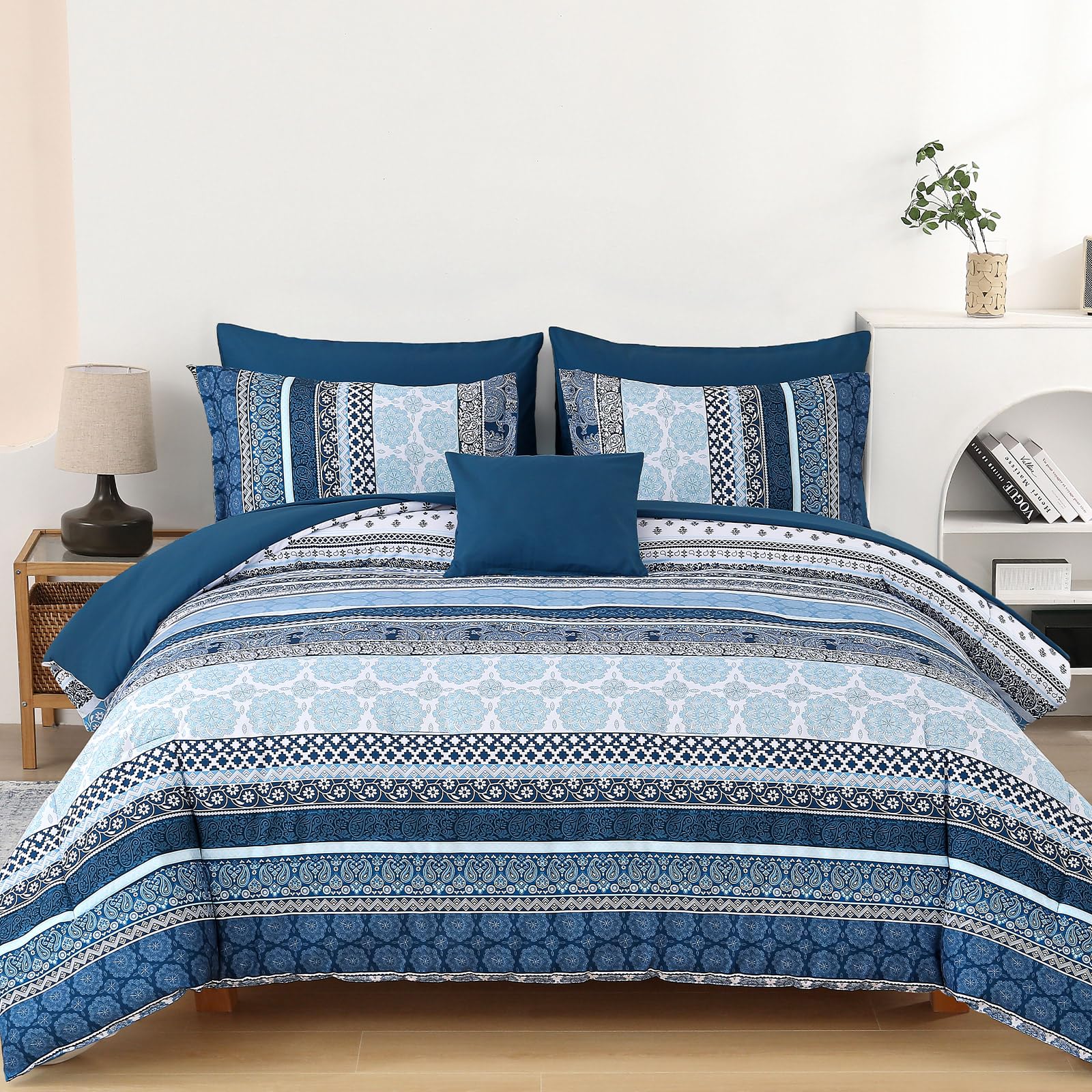 Boho Comforter Set Full Size,8 Pieces Navy Blue Bohemian Striped Bed in a Bag,Paisley Soft Microfiber Bedding Comforter Set