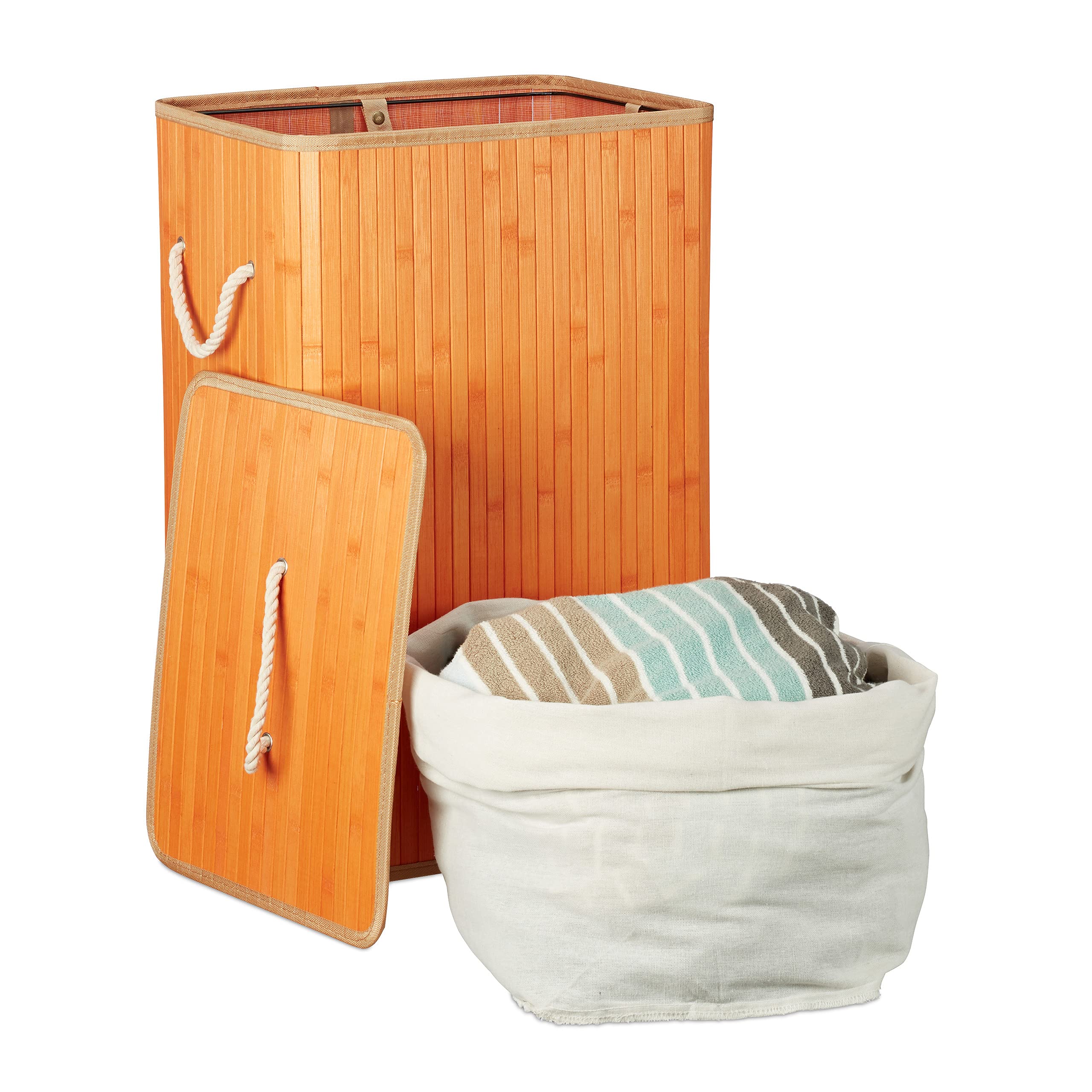 Relaxdays wasmand bamboe, met deksel, rechthoekig, 83 liter, XL, opvouwbare wasbox, HxBxD: 65,5 x 43,5 x 33,5 cm, oranje