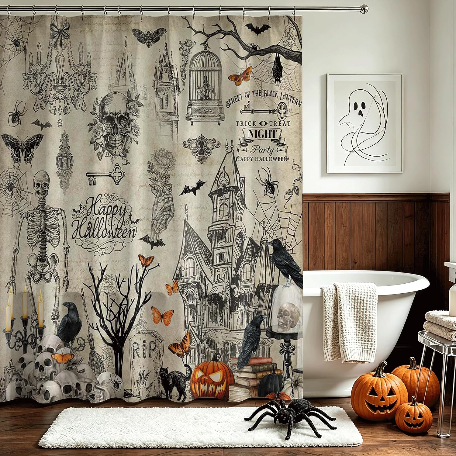 Lindameler Vintage Halloween Shower Curtain for Bathroom Retro Gothic Castle Skull Skeleton Shower Curtain Pumpkin bat Halloween Decor Bath Curtain 72 x 72 inch