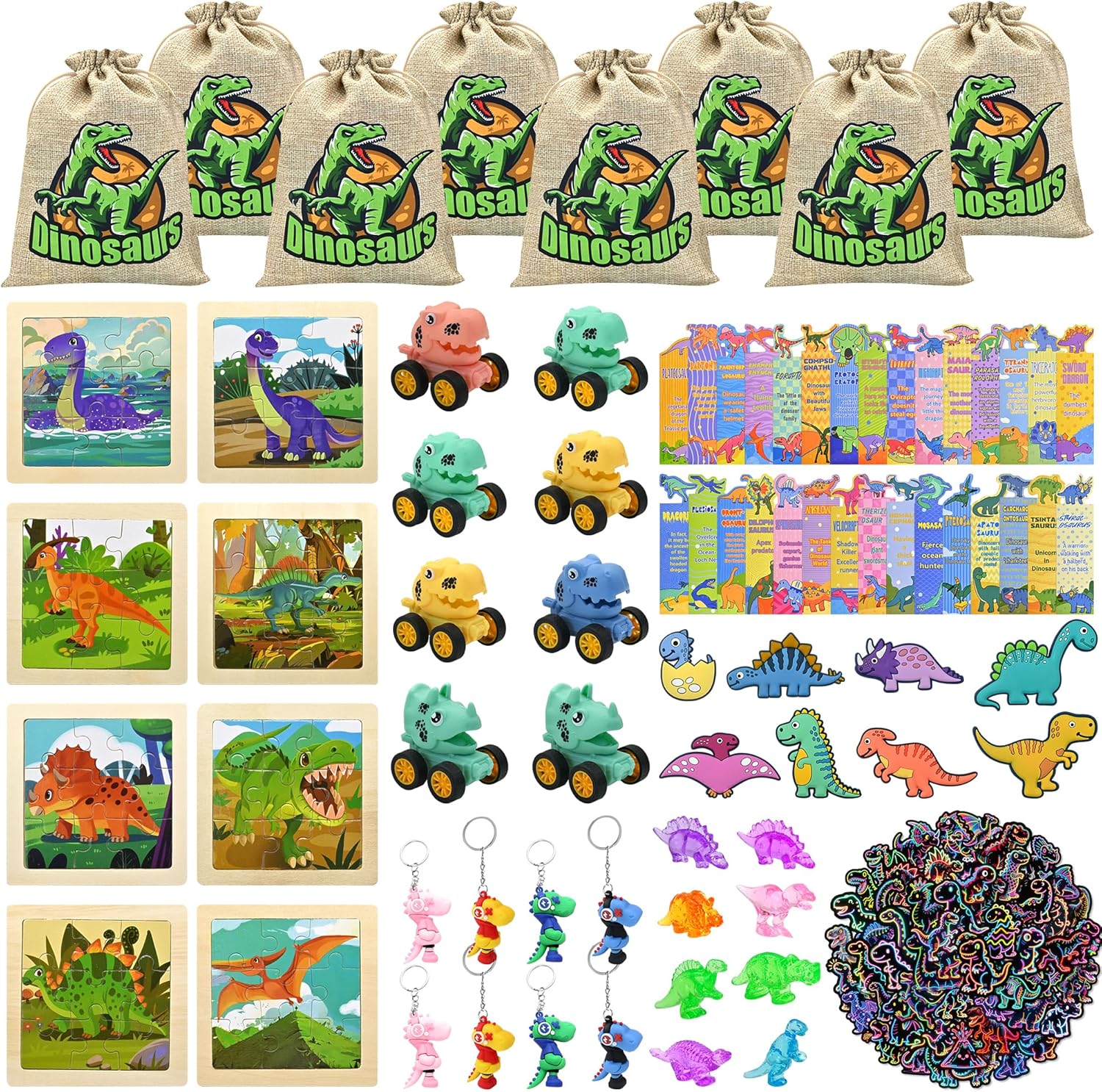 128PCS Dinosaur Party Favors for Kids, Dino Birthday Goodie Bags Set with Puzzles, 50 Stickers, Keychains, Fridge Magnets, Acrylic Crystal Dinosaurs, Dino Pull-Back Cars, Bookmarks & Burlap Gift Bags
