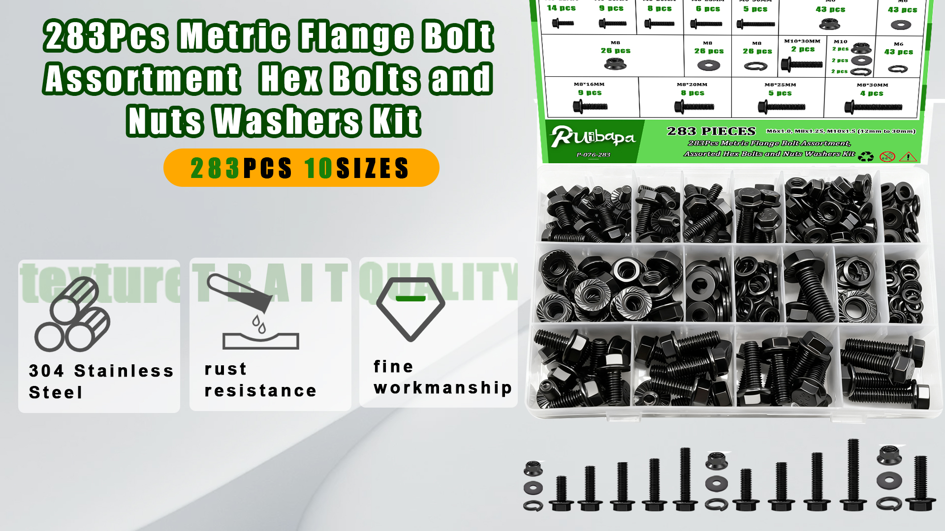 Image of 283Pcs Metric Flange Bolt Assortment,M6x1.0,M8x1.25, M10x1.5 (12mm to 30mm) Bolts and Nuts Assortment,10.9 Black Zinc Galvanized,Bolt Kit