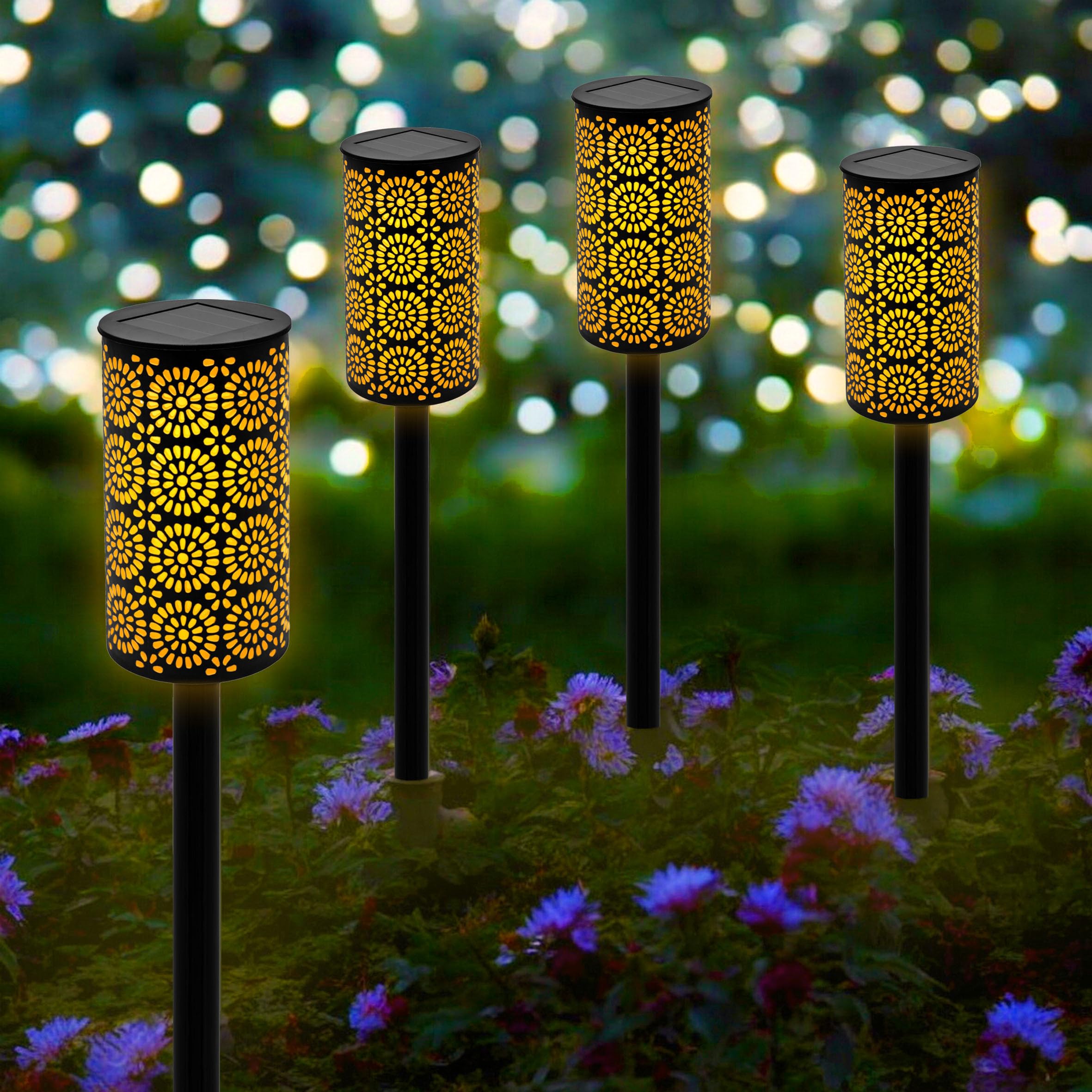 LED Solar Gartenfackel mit Blumen Muster 49 x 7 cm - 12er Set - Wegeleuchte mit realistischem Flammeneffekt - Solarleuchte Gartenlicht Außenleuchte Deko Beleuchtung solarbetrieben für Außen Terrasse