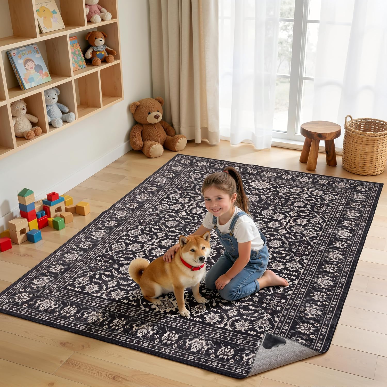 RCTJHOME 4'x6' Washable Area Rugs for Hallway, Non Slip Dining Room Rugs, Soft Low Pile Entryway Indoor Mat, Moroccan Accent Carpet for Kitchen, Living Room and Bedside,Black and Gold