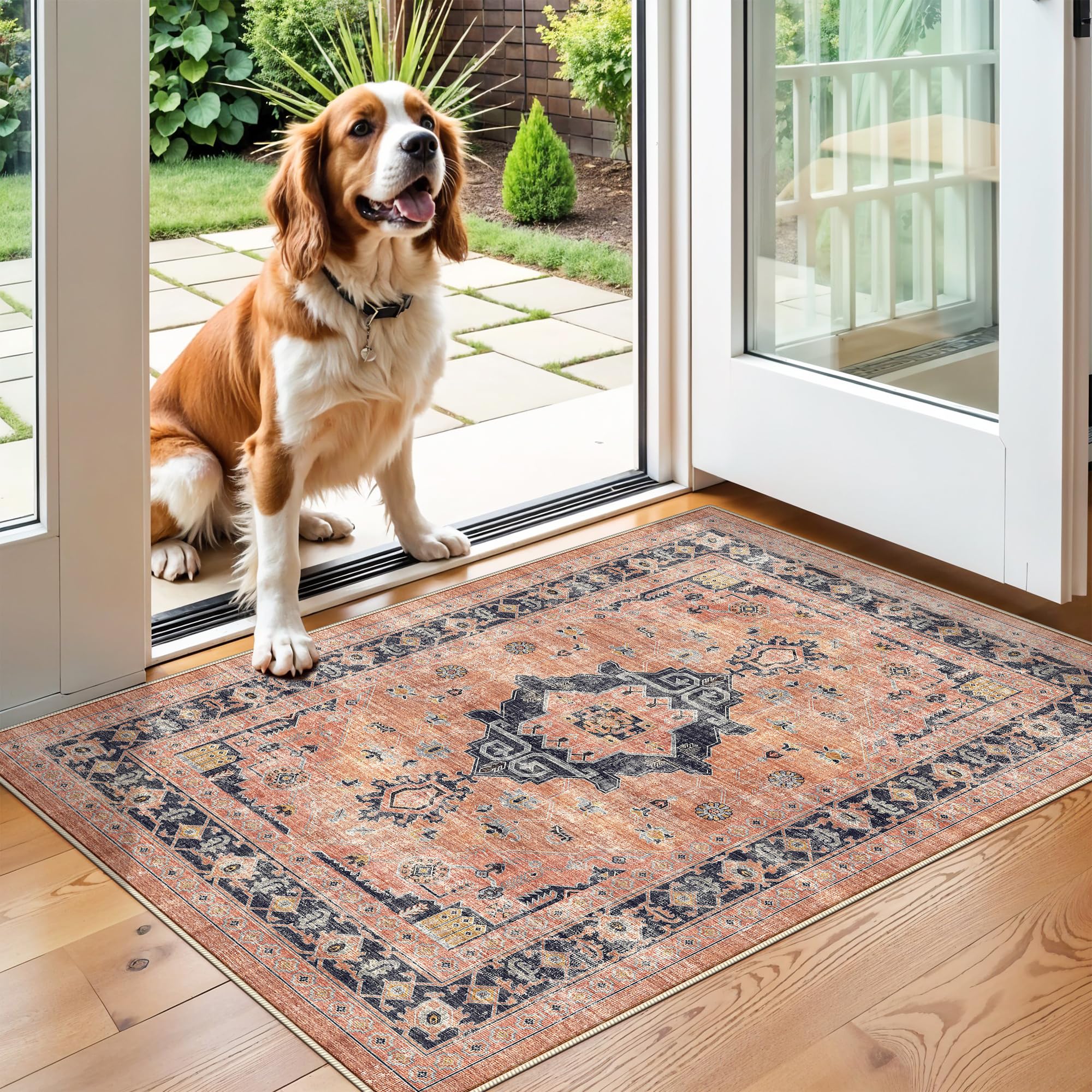 Washable 2x3 Small Area Rug: Vintage Indoor Soft Non Slip Door Mat Stain Resistant Carpet for Bedroom Living Room Light Weight Floor Mat for Kitchen Bathroom - Perfect for Homes with Pets (2x3,Orange) — image 1