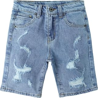 KIDSCOOL Boys Denim Shorts 12M-13T Ripped Summer Jean Half Pants Bottoms | Classic boys denim shorts featuring an adjustable waist, cool scratch accents, and functional pockets for a daily outfit