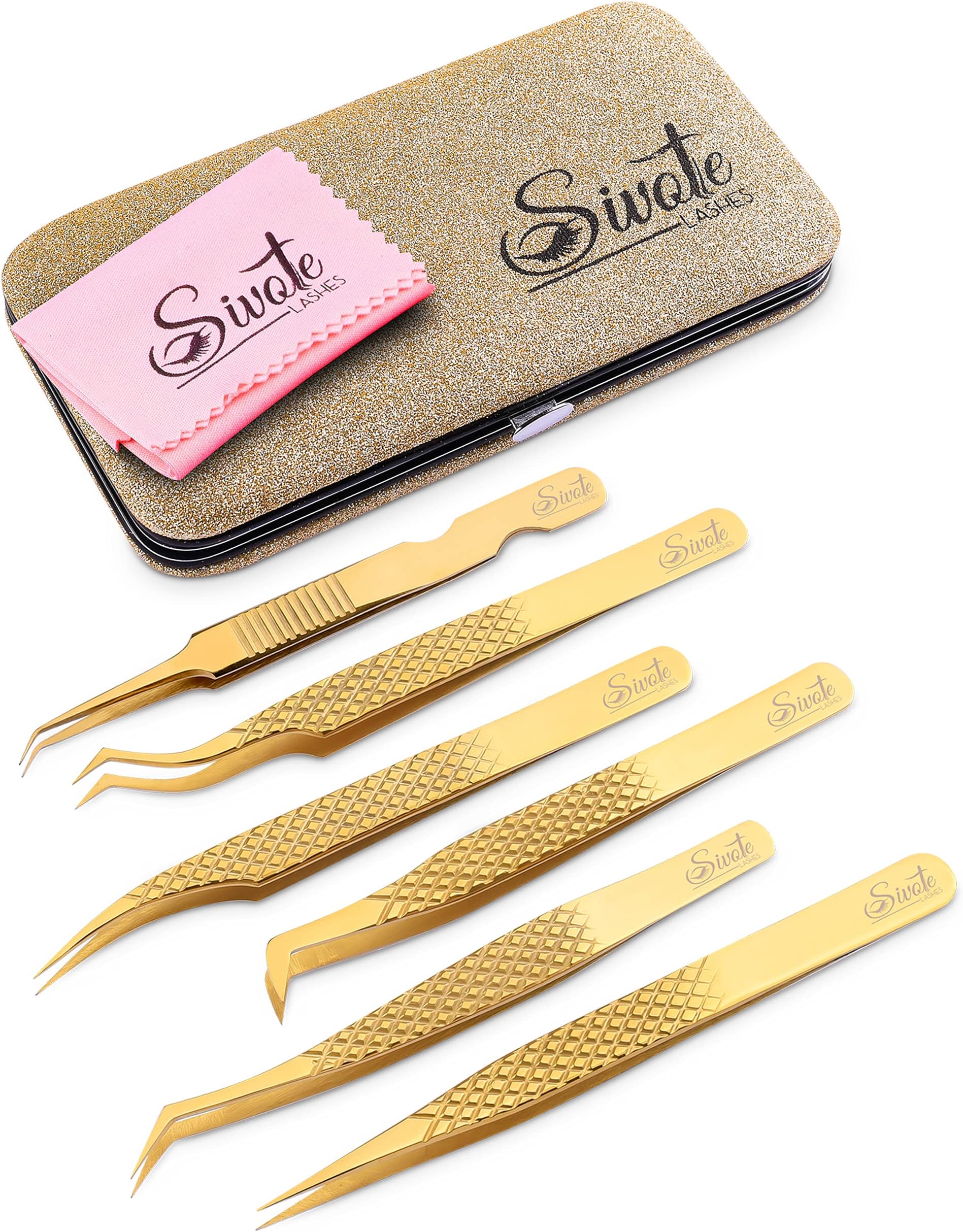 Professional Lash Tweezers Eyelash Extension Gold 6 Pack