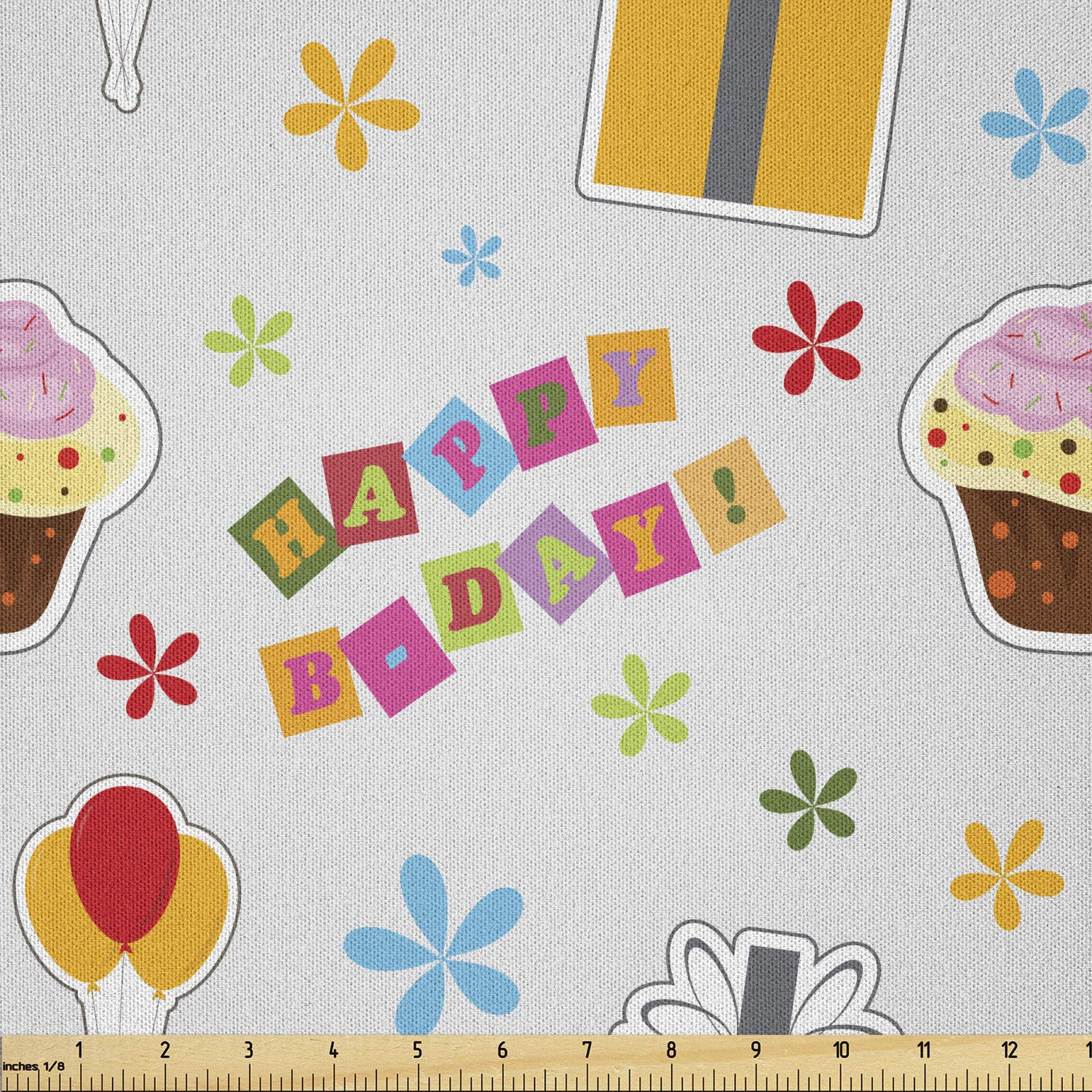 Lunarable Colorful Fabric by The Yard, Birthday Cake Design with Ornate Boxes Balloons and Flower Silhouettes Happy Words, Microfiber Fabric for Arts