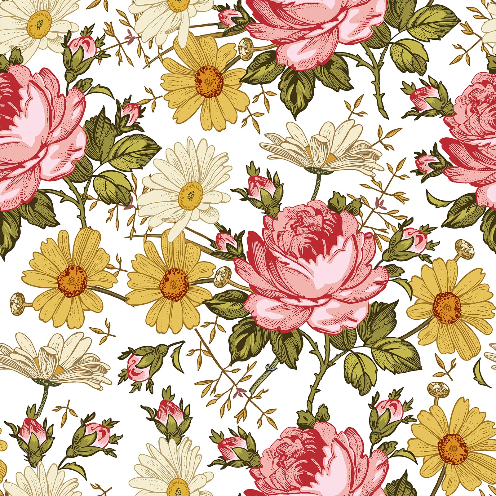 Papier peint chambre fille fleurs pivoines et camomille