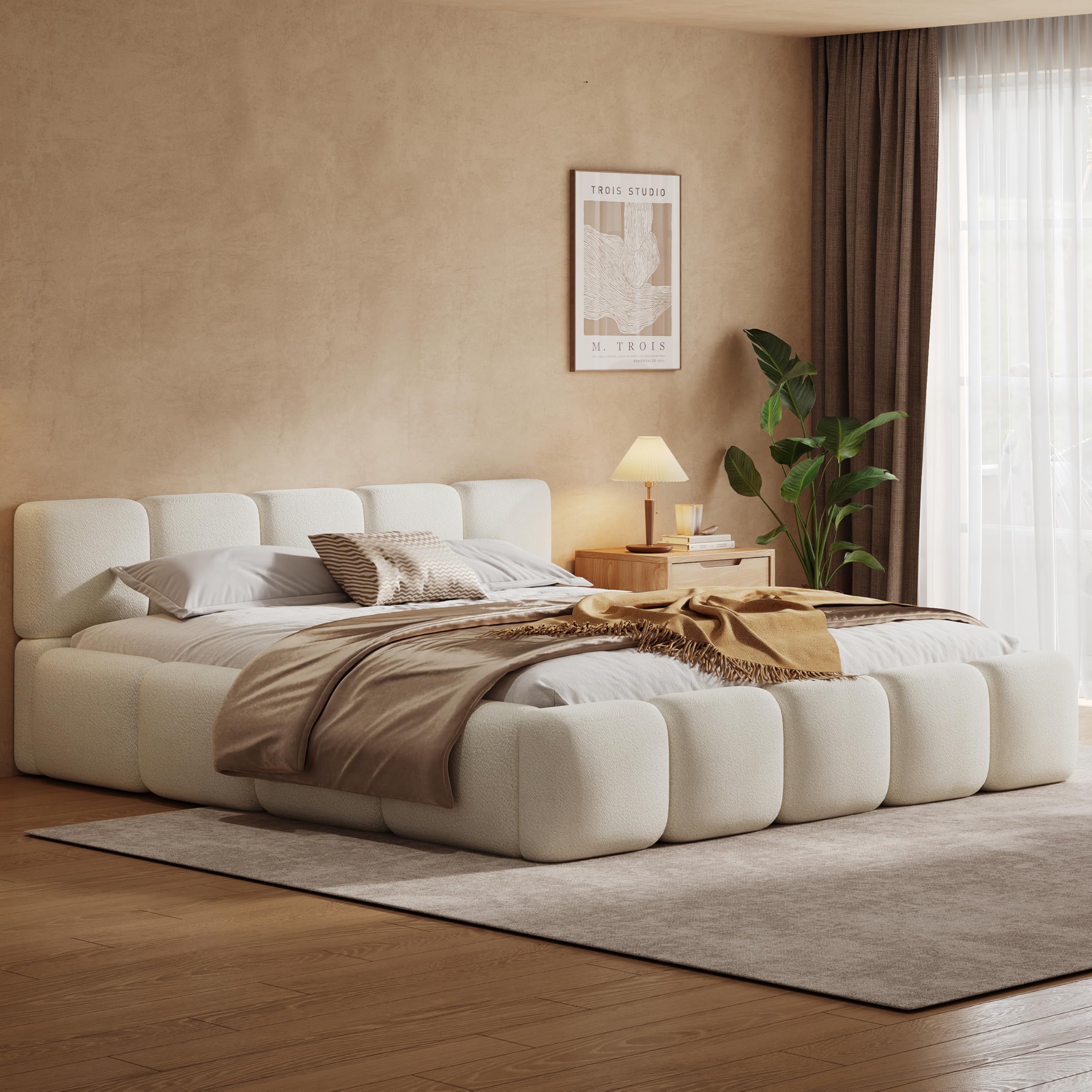 Photo 1 of Merax California King Boucle Platform Bed - White