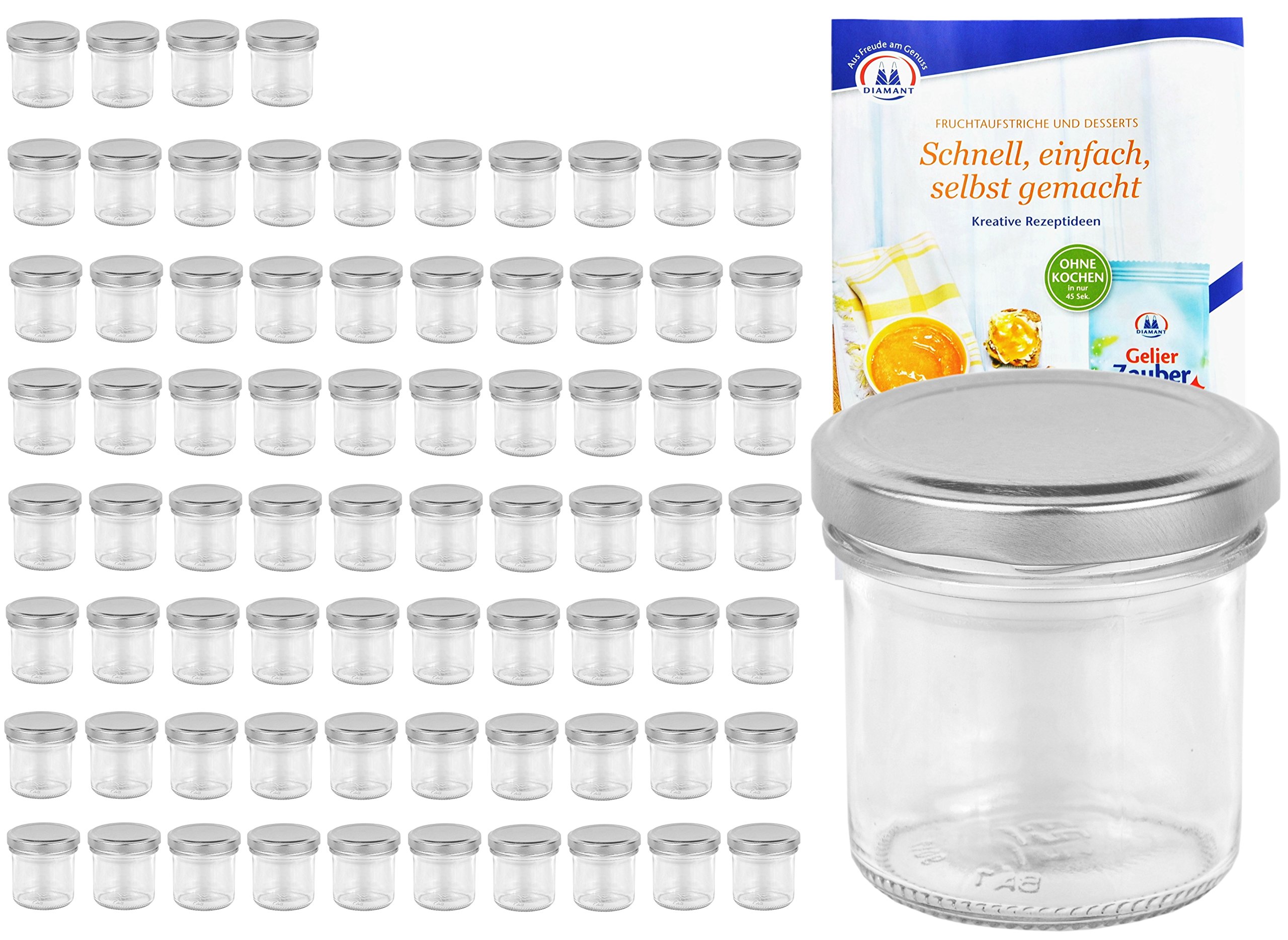 MamboCat 75er Set Sturzgläser 167 ml Deckelfarbe Silber to 66 inkl. Diamant Gelierzauber Rezeptheft, Marmeladengläser, Einmachgläser, Einweckgläser, Gläser