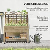 Vista 3 de Outsunny Cama de jardín elevada de 41 pulgadas con enrejado sobre ruedas, maceta elevada de madera con patas y forro de cama, para flores, hierbas
