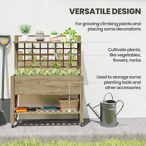 Miniatura 3 de Outsunny Cama de jardín elevada de 41 pulgadas con enrejado sobre ruedas, maceta elevada de madera con patas y forro de cama, para flores, hierbas y