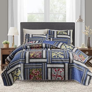 3 Pieces Patchwork Quilt Set Full/Queen Size, Navy Blue Floral Farmhouse Bedspread Coverlet Set, Soft Microfiber Reversible Lightweight Bed Cover for All Season 90" x 90", 1 Quilt+ 2 Pillow Shams