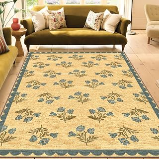 Floral 5x8 Living Room Rug, Blue Brown Scalloped Bedroom Area Rug | Soft Washable Dining Room Rugs for Under Table Non Slip Jute-Look Boho Farmhouse Rugs for Living Room Nursery Dorm Office