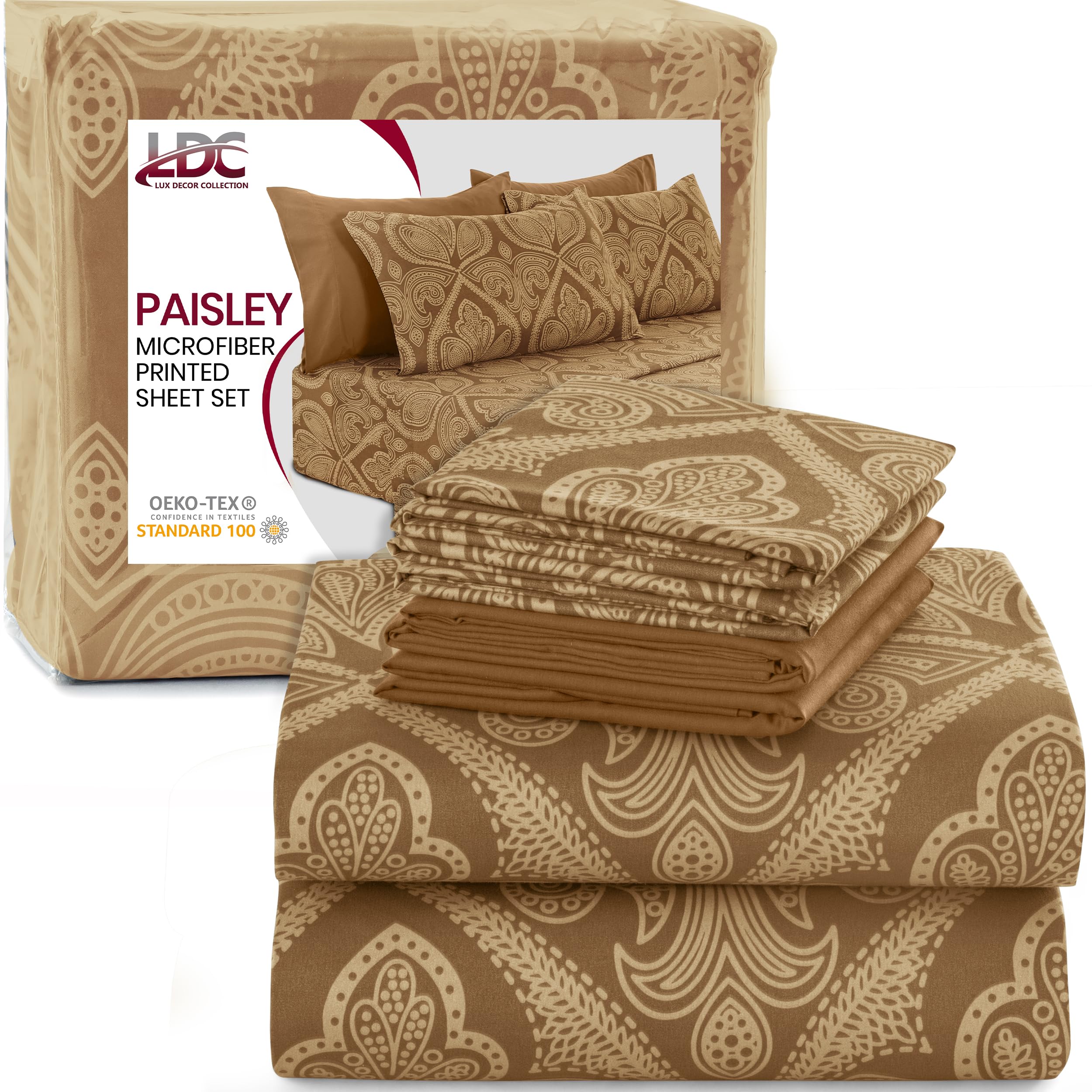 LUX Décor Paisley King Sheet Set – 6 Piece Ultra-Soft Microfiber Bed Sheets with Flat Sheet, 16 Inches Deep Pocket Fitted Sheet & 4 Pillowcases,