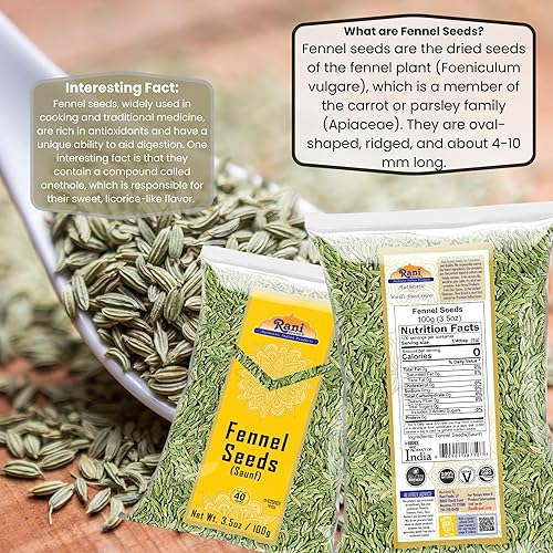 Miniatura 7 de Rani - Semillas de hinojo (Saunf Sabut) - Especias enteras de 3.5 onzas (3.53oz)  Todo natural  Apto para gluten  Sin OMG  Veganas  Origen indio