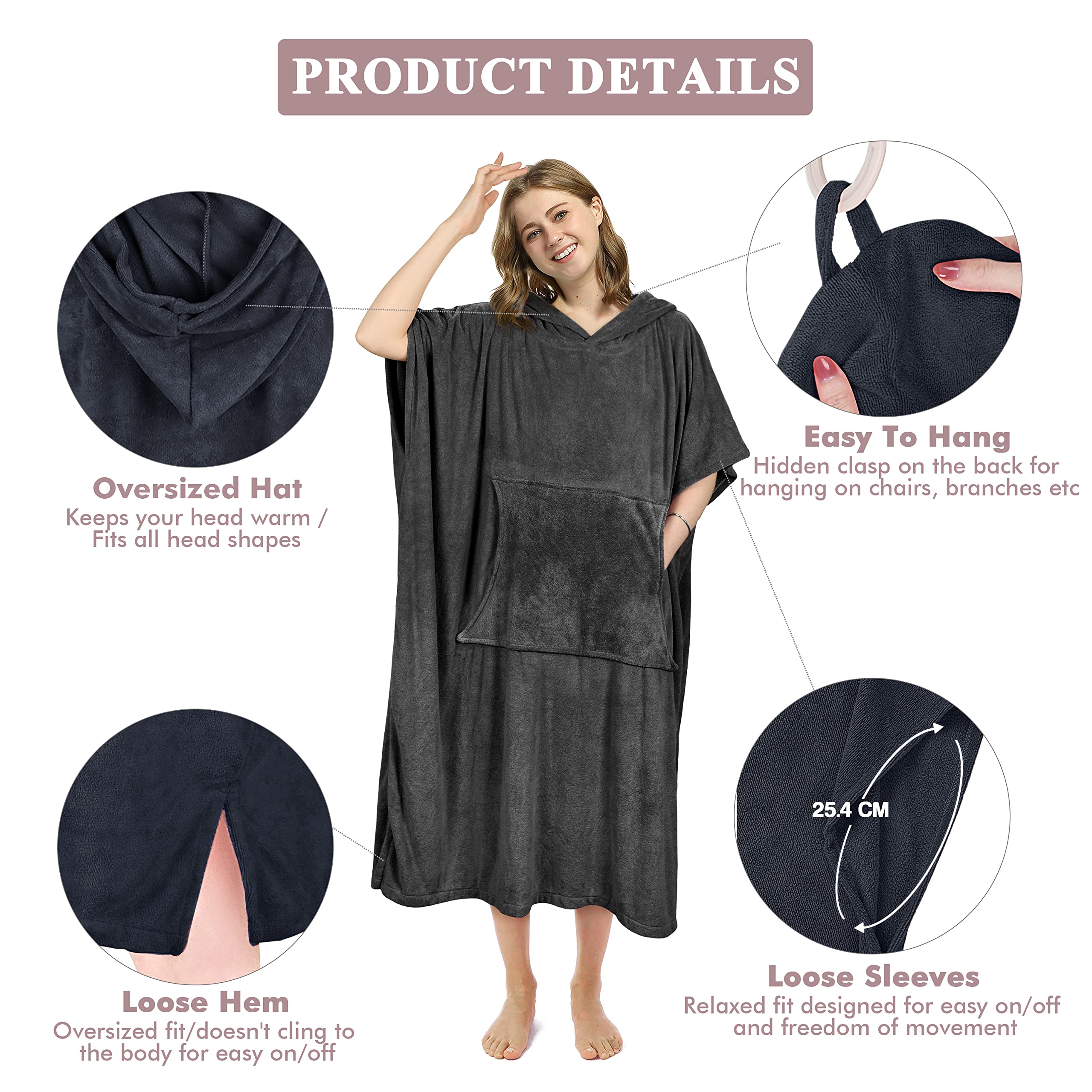 Kato Tirrinia Beach Surf Poncho con bolsillo Absorbente de agua Traje de neopreno Cambiador Sudadera con capucha Toalla Poncho Albornoz para surf Natación Baño Adulto Hombres Mujeres A prueba de arena