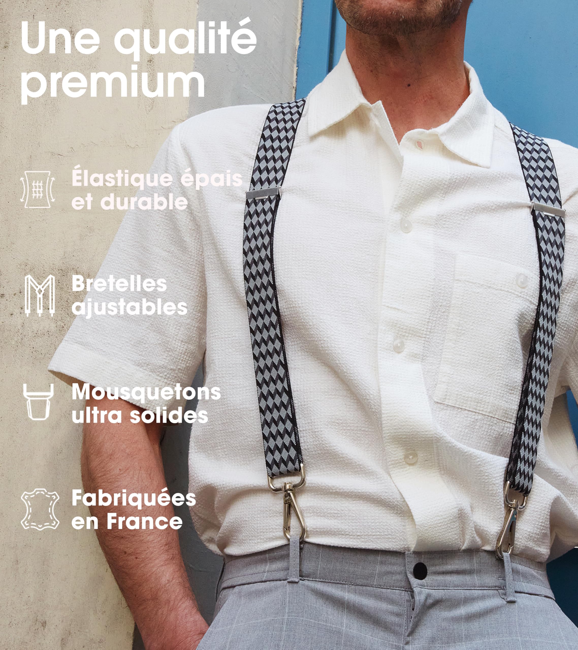 PIERROT Bretelles à Mousquetons Homme Larges Premium Made in France - Taille Unique Ajustable Elastique Confortable Renforcé et Finitions en Cuir - Mousqueton Ultra Résistant