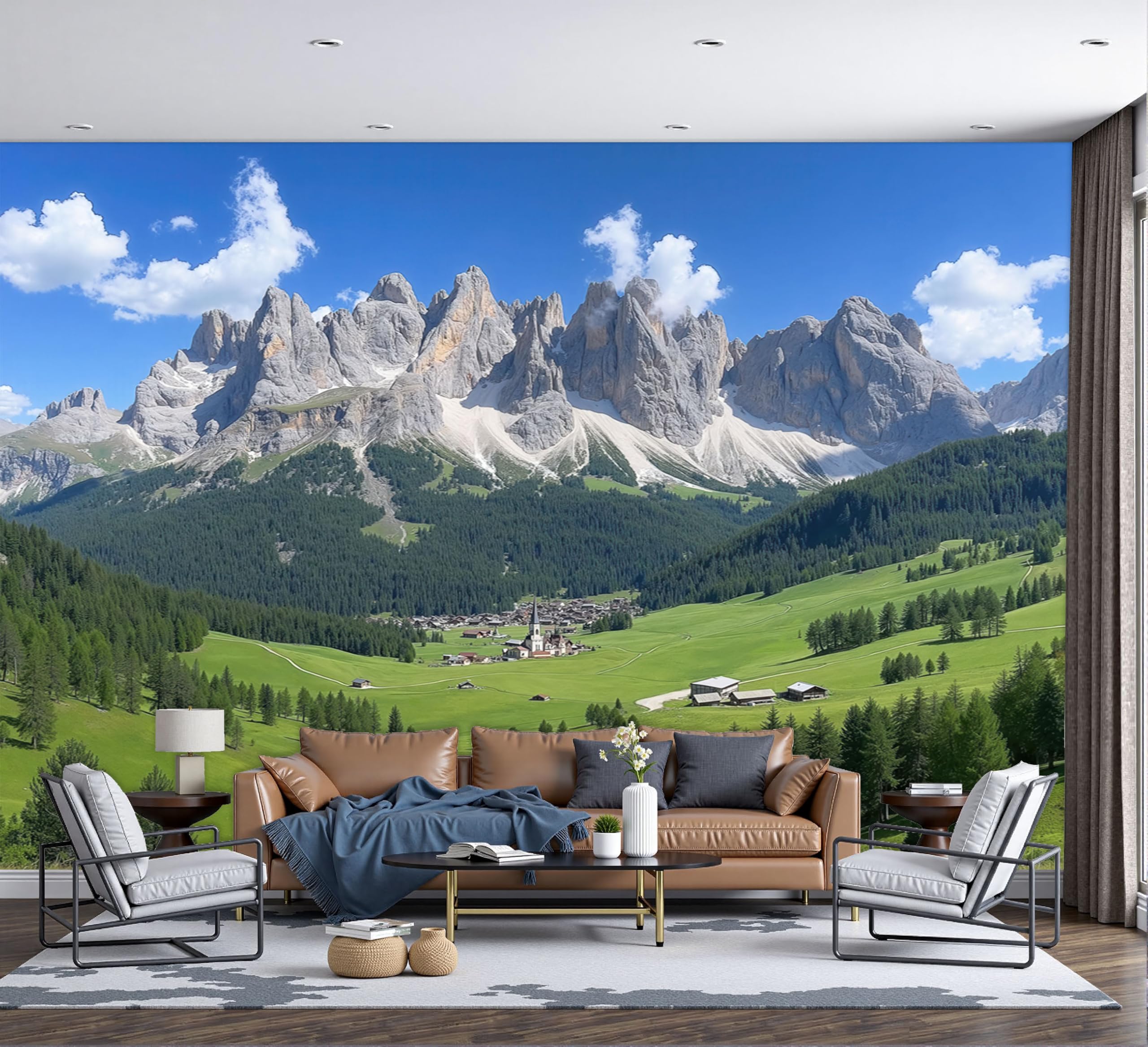 Papier peint panoramique montagne et prairies en soie 300x210cm
