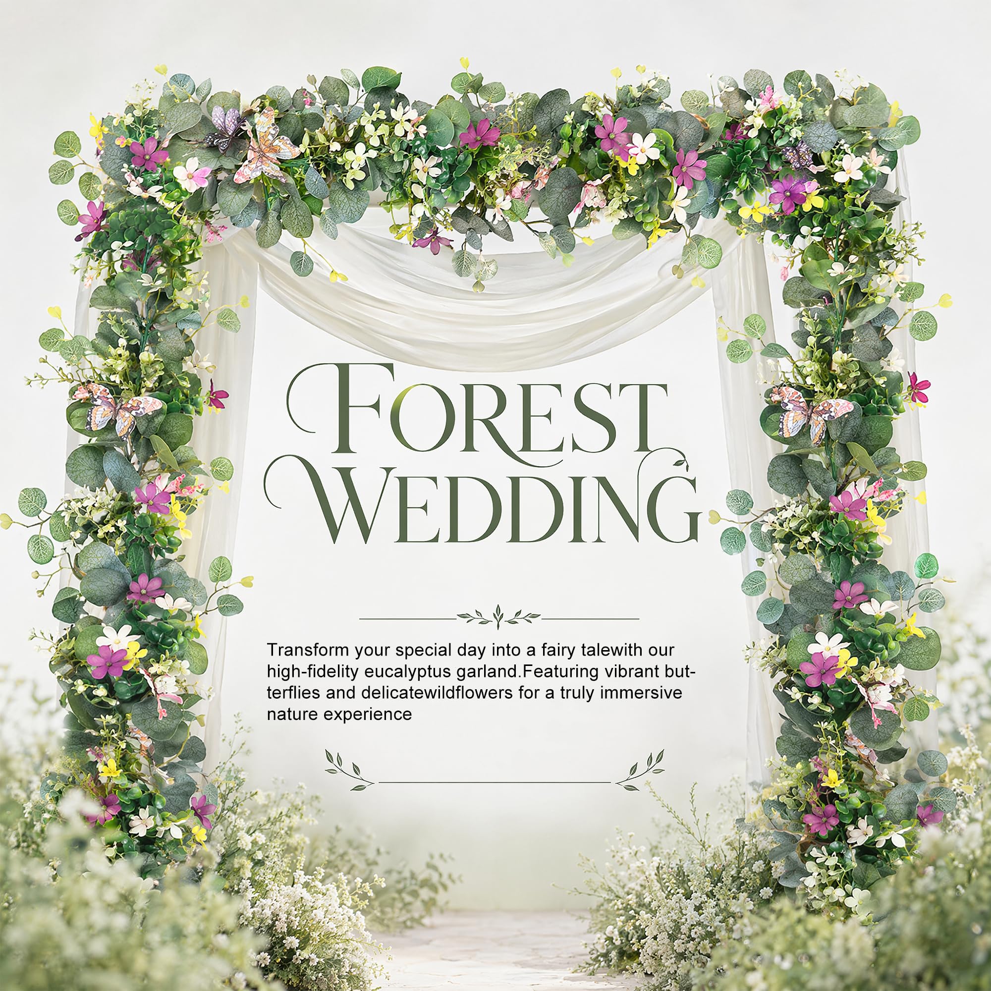 4 Pièces Guirlande Fleurs Artificielles 1.8m avec Fleurs Blanches et Papillons 3D Guirlande Eucalyptus Plante Artificielle de Fleur Fausse Plantes pour Murale Mariage à Maison Décoration