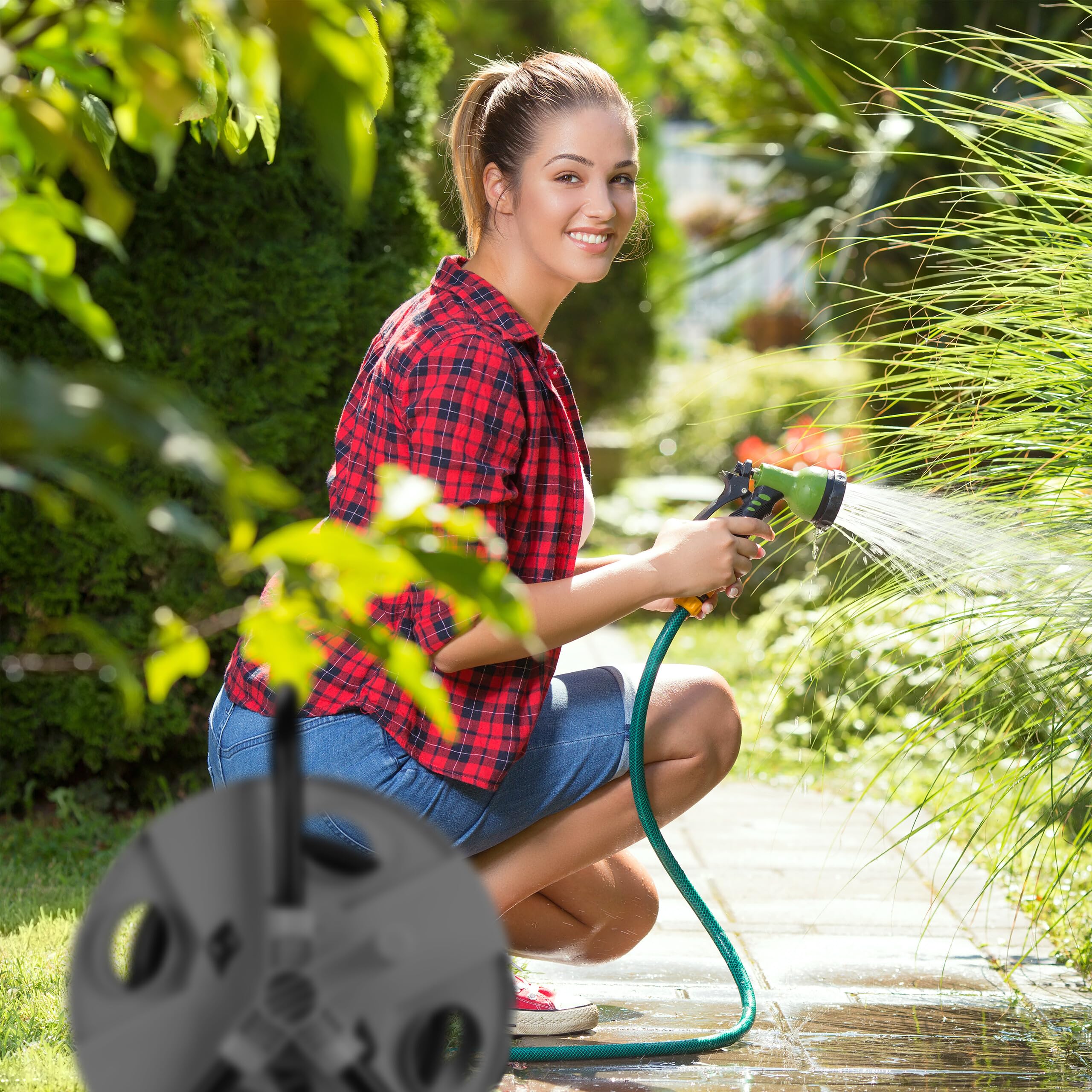 Relaxdays Dévidoir de Tuyau, pour 30 m 1/2", Acier, Plastique, Support, HxLxP : 38 x 42 x 31 cm, Gris-Noir