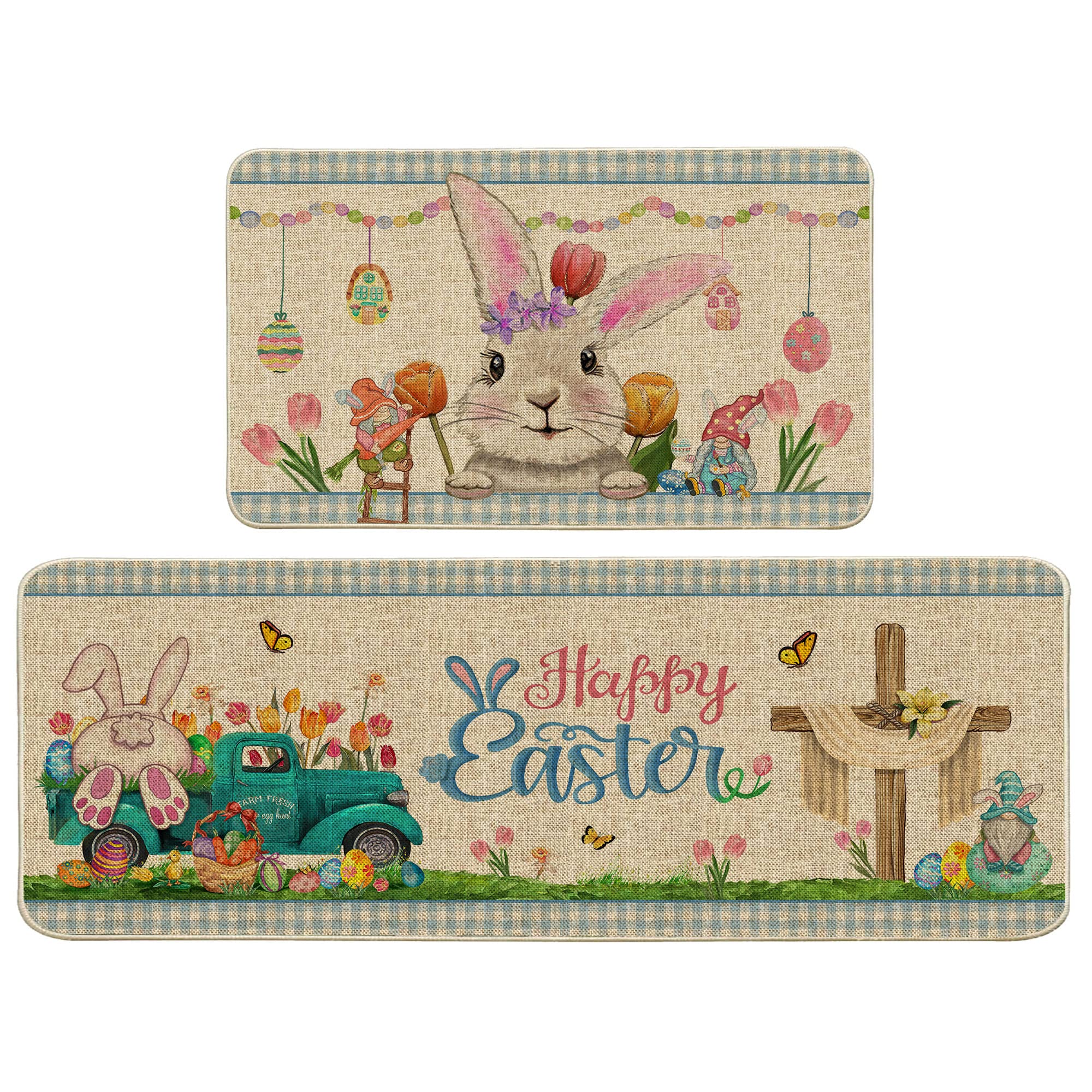 Hexagram Easter Kitchen Decor, Easter Kitchen Rugs and Mats Set of 2, Bunny Truck Bathroom Rugs for Floor, Spring Decorations for The Home 17x29 Inch-17x47 inch
