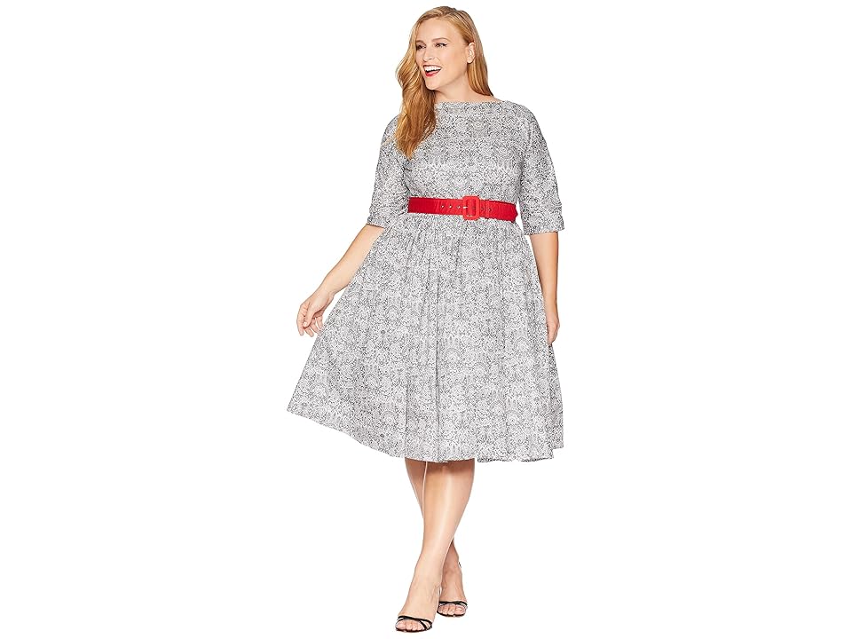 

Unique Vintage Plus Size 1940s Style Black White Lace Print Sleeved Sally Swing Dress (Grey Lace) Women's Dress