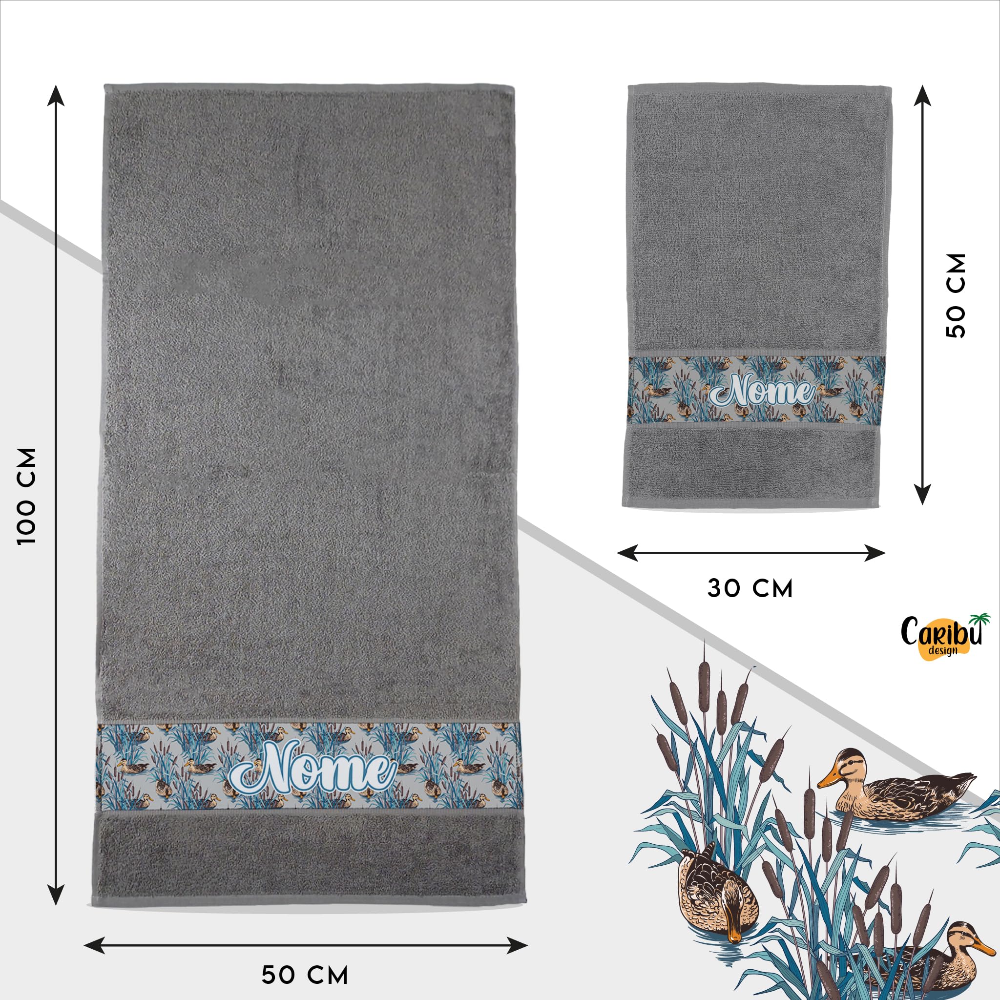Set Asciugamani Viso + Bidet Ospite Personalizzati con Nome Iniziali Testo - Teli Bagno con Asola 2 Pezzi (50x100 + 30x50 cm) Spugna 100% Cotone (Grigio antracite/anatre)