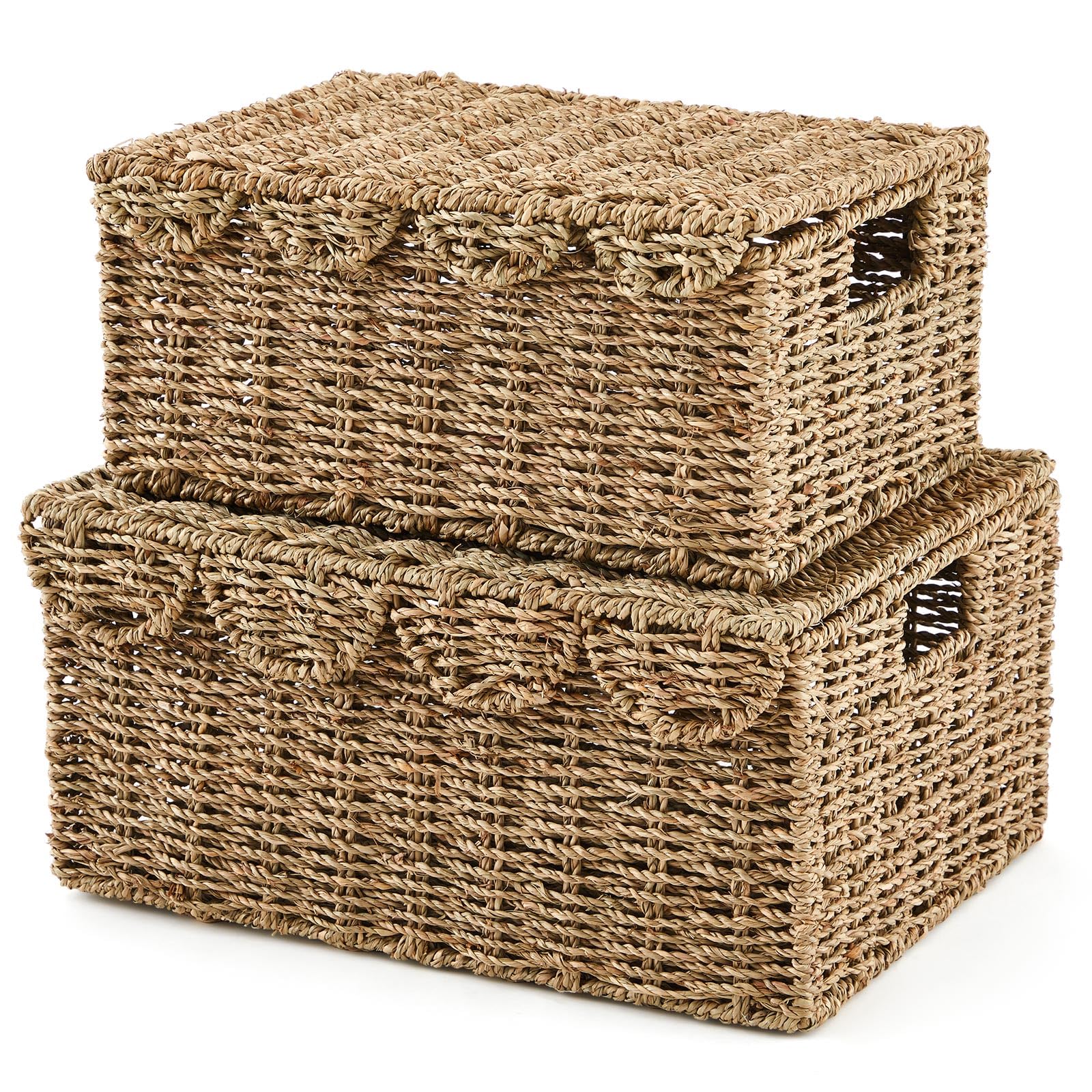 Boao 2 Pcs Scalloped Edge Wicker Basket Set with Lid, Woven Basket for Organizing Storage, Handwoven Gift Baskets with Handles for Bedroom Living Room