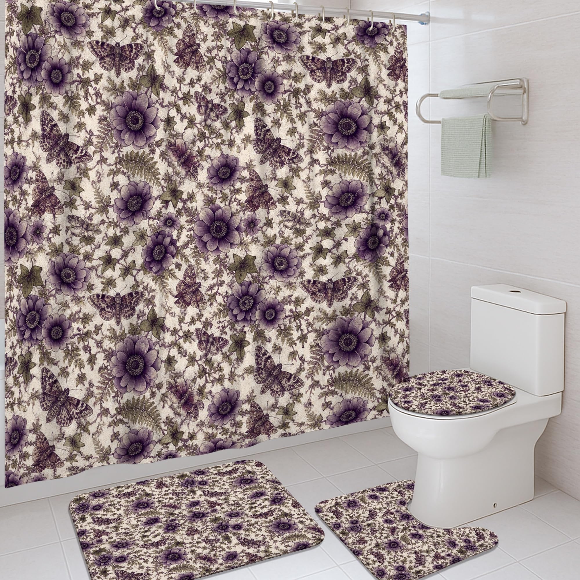 Rideau de douche violet avec tapis décoratif fleuri pour salle de bain